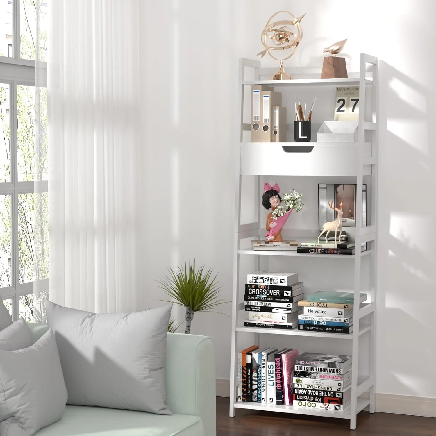 TJCGDTY Tall Bookshelf    Shelves  5 Tier Tall Bookcase  Open Ladder Shelves  Decorative  for Small Spaces/Bedroom/ Living Room/Office/Bathroom