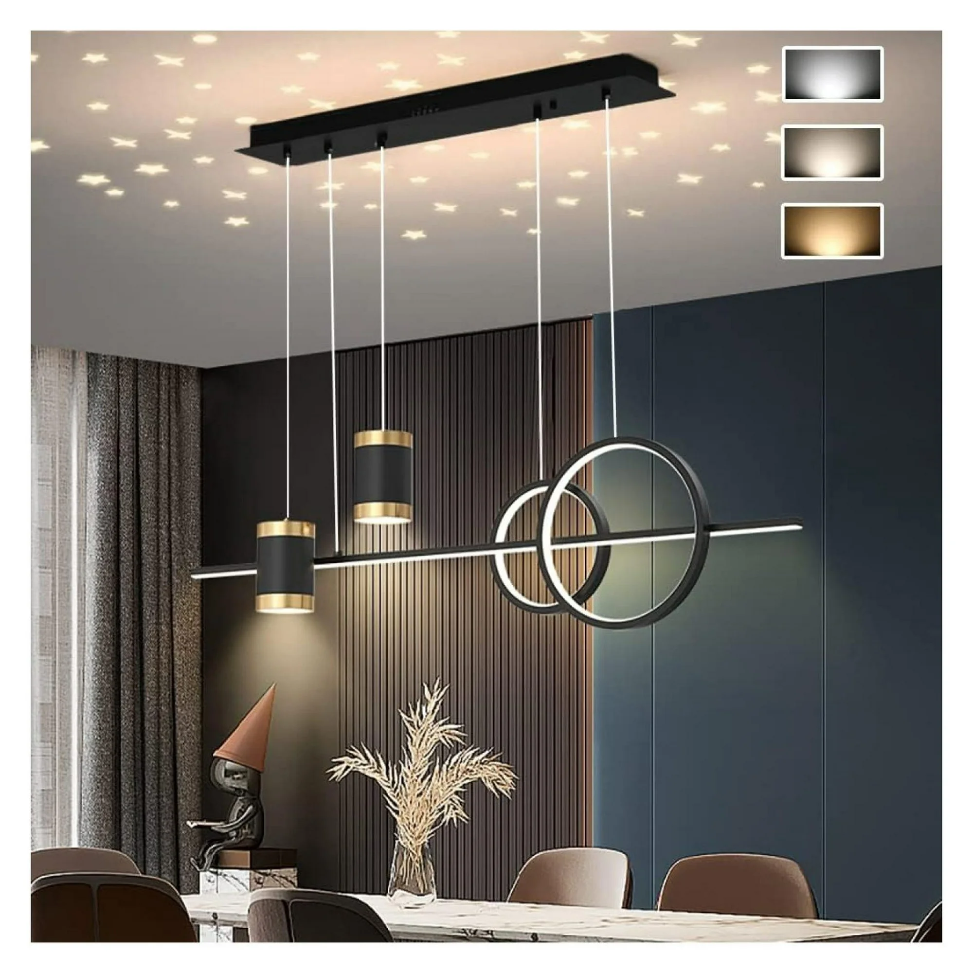 ZHANGHU 38.2 Inch Modern Geometric Kitchen Island Light with Starry Reflection Hanging Sputnik Chandelier for Dining Room Kitchen, Dimmable Black