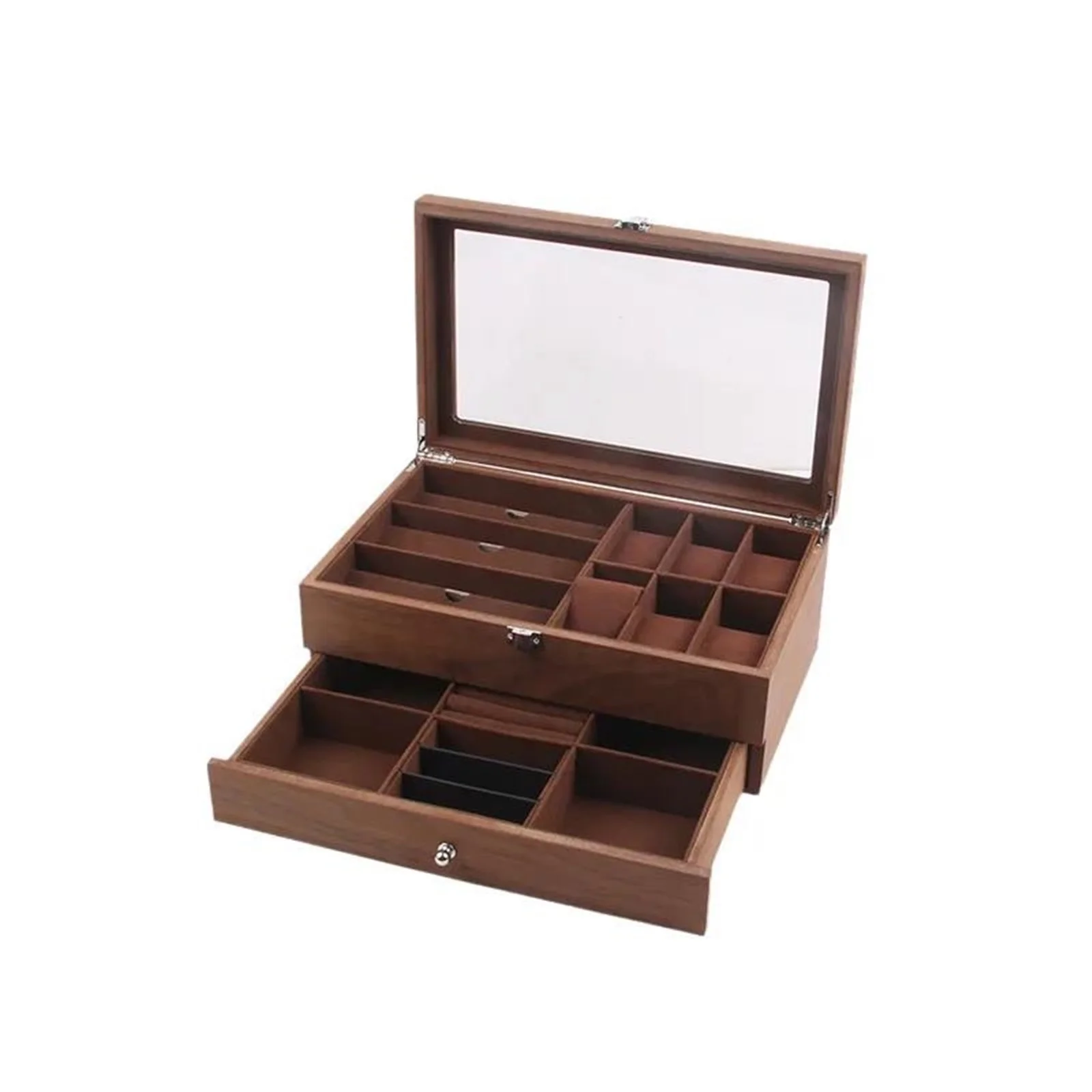 Wooden Watch Organizer Glass Lock Double Layer Retro Watch Glasses Jewelry Box Display Case Storage Casket
