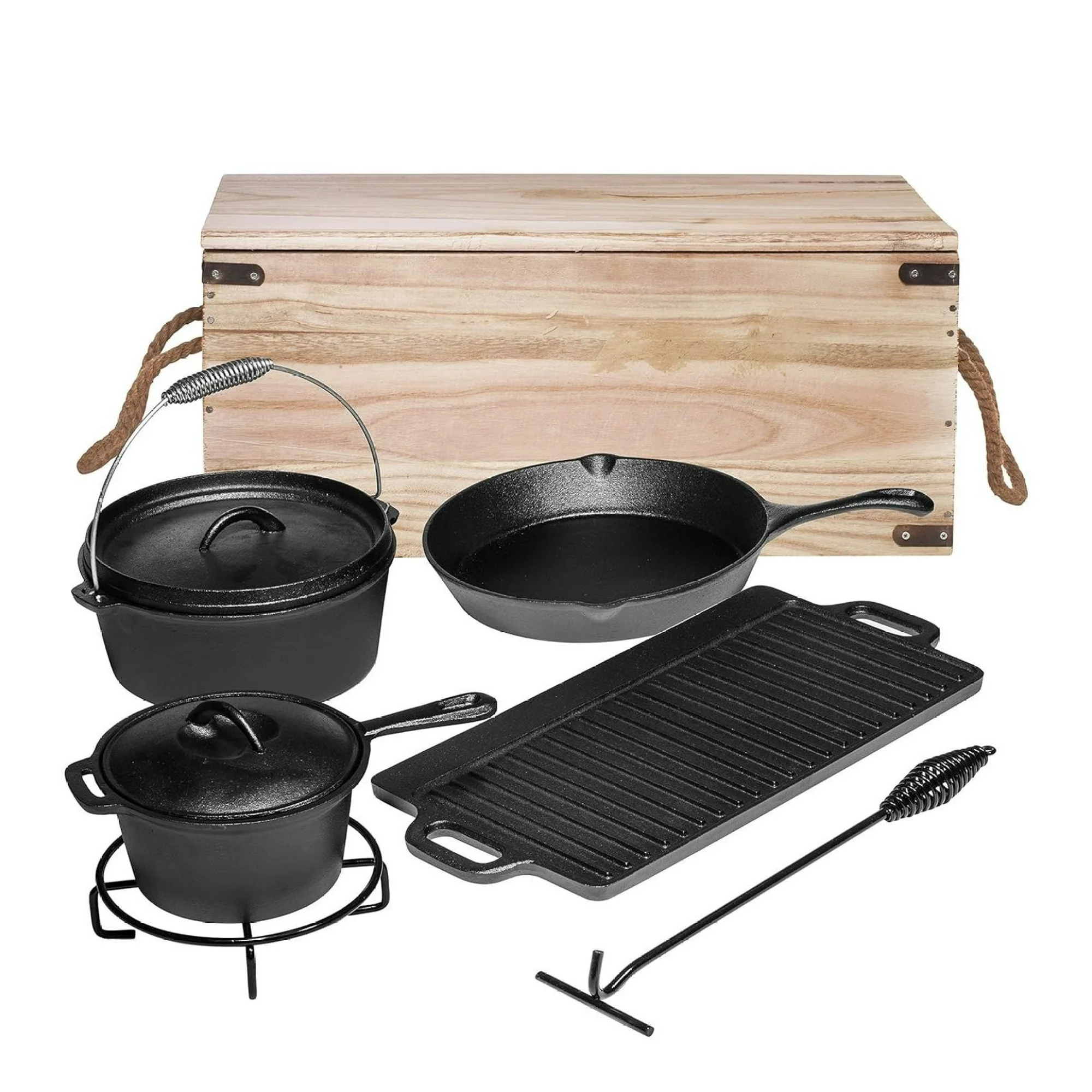 ZHANGHU Camping Cooking Set Of 7. Pre Seasoned Cast Iron Pots And Pans Dutch Oven With Lids For Outdoor Comefire. Grill Cookware Skillet Sets With Storage Box