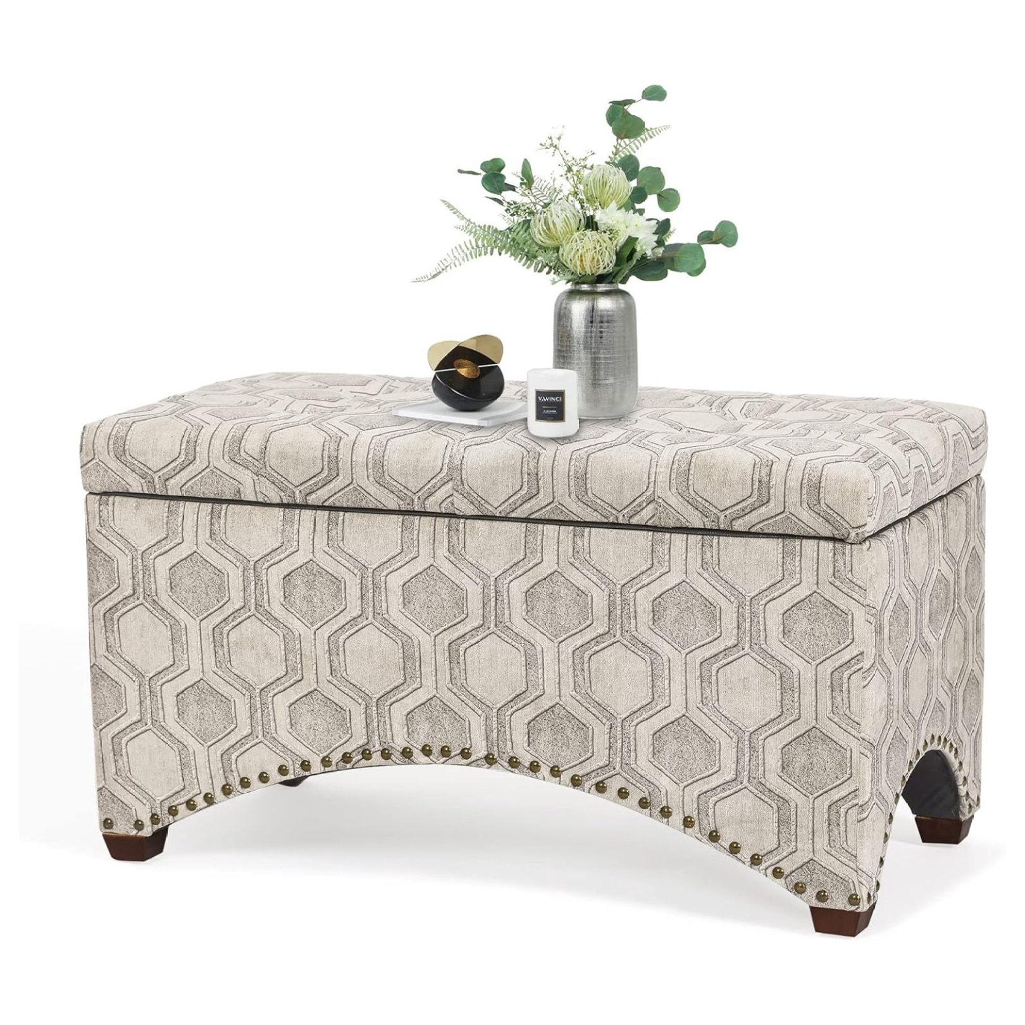 ZHANGHU 29.8 inch Fabric Storage Ottoman Bench Footstool,Nailhead Trim Upholstered Entryway Storage Benches,Rectangular End of Bed Bench with Wooden Legs for Bedroom Living Room (Beige)