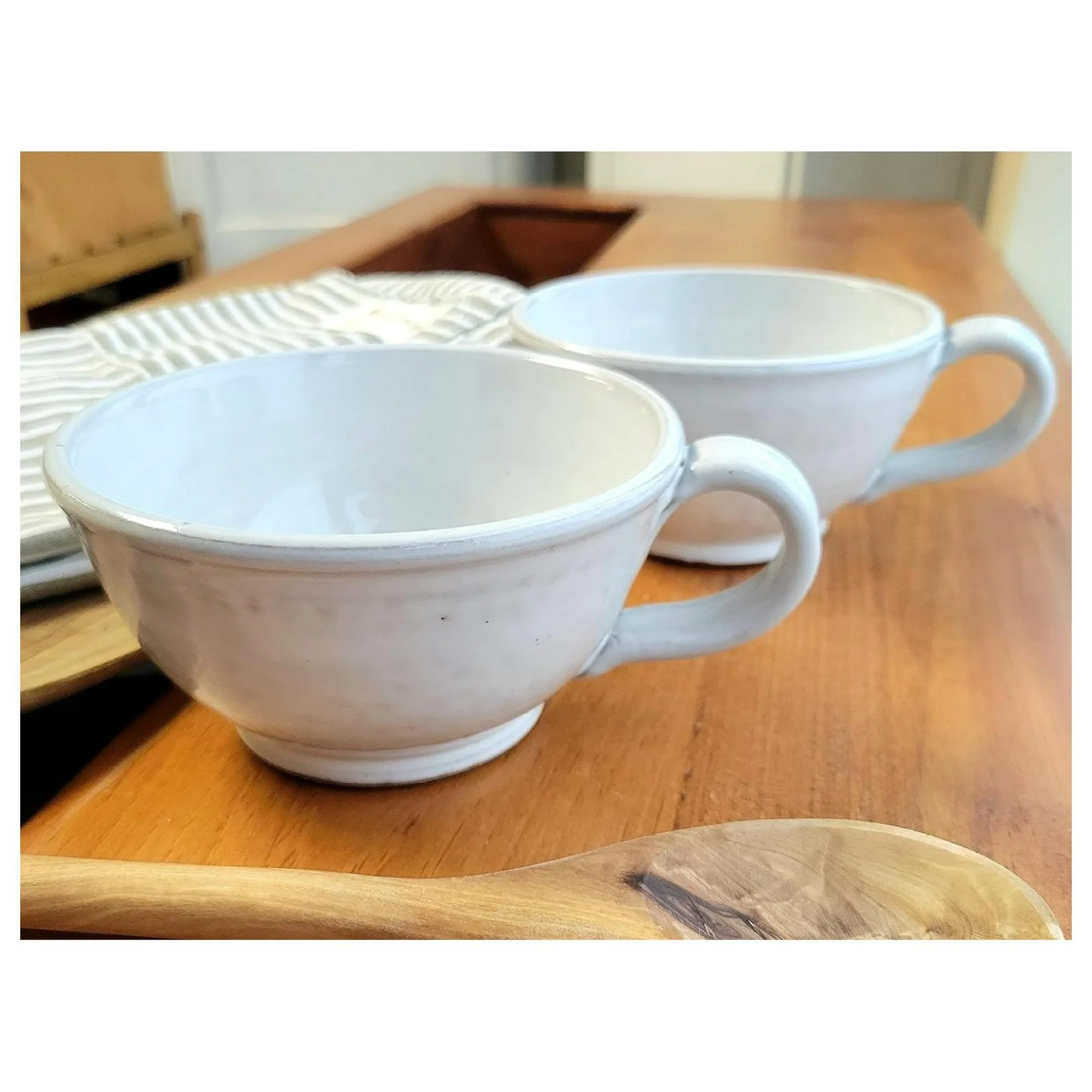 ZHANGHU Farmhouse Soup Bowls with Handles Set of 2 Deep Large - Hanging Kitchen Chowder Mugs - Handmade Pottery Decor (Farmhouse White)