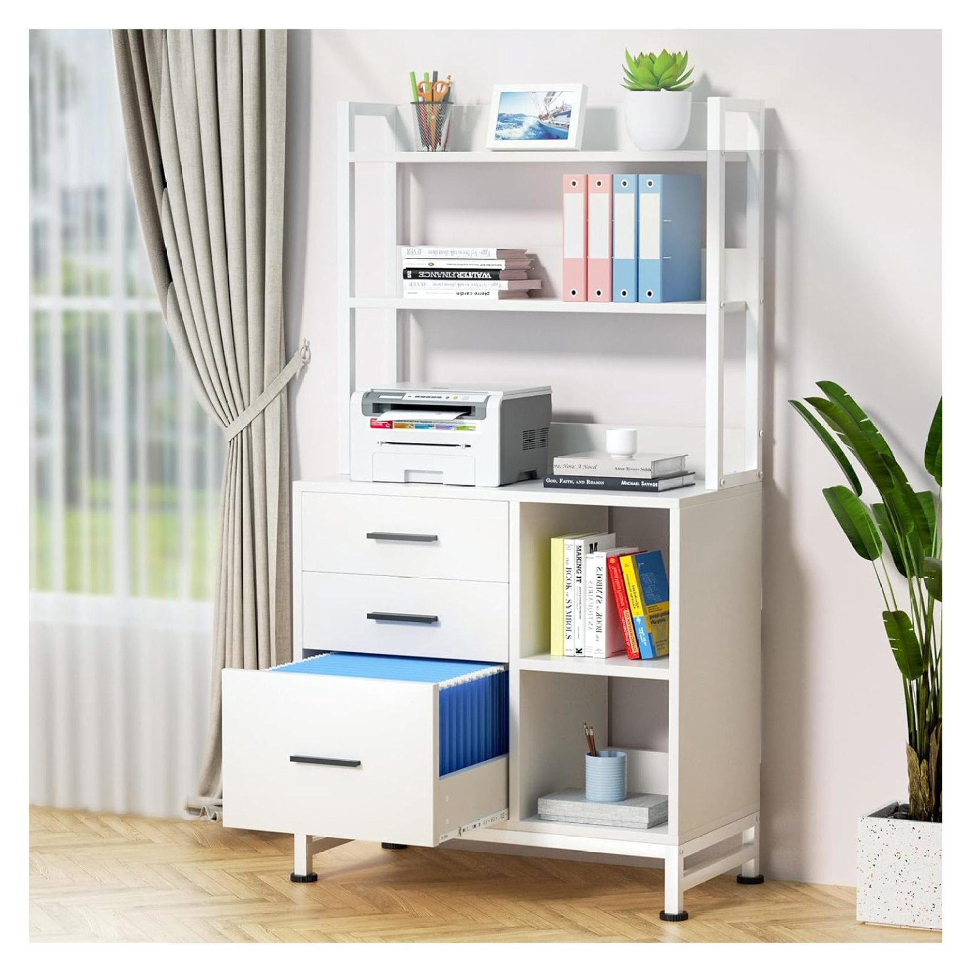 ZHANGHU 3-Drawer File Cabinet, Vertical Filing Cabinets for Home Office Organization, Stylish Office Shelves and Bookshelf with Drawers - A4 and Letter Size Compatible (White)