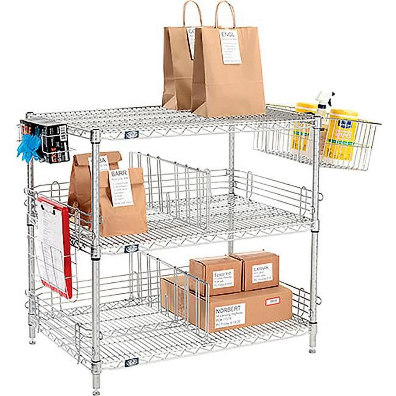 Global Industrial  34 x 72 x 18 in. Nexelate Silver Epoxy To Go Rack with 3 Wire Shelves, Dividers & Ledges