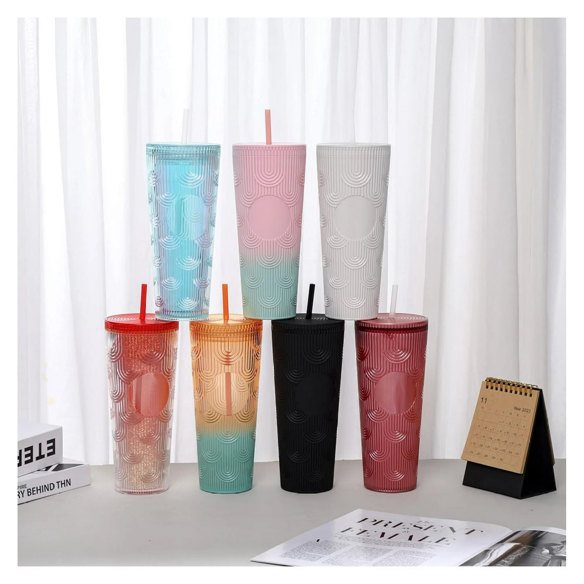 ZHANGHU 24 Pack 24oz ,DIY Studded Bulk with Straw and Lid,Reusable Iced Coffee Cup Plastic Cups Double Wall Insulated Travel Straw for Juice, Soda