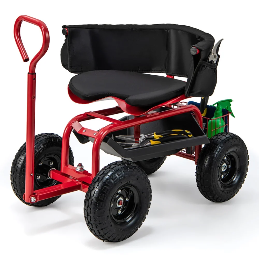 Topcobe Cushioned Rolling Garden Cart Scooter with Storage Basket and Tool Pouch, Gardening Cart with Seat, Red