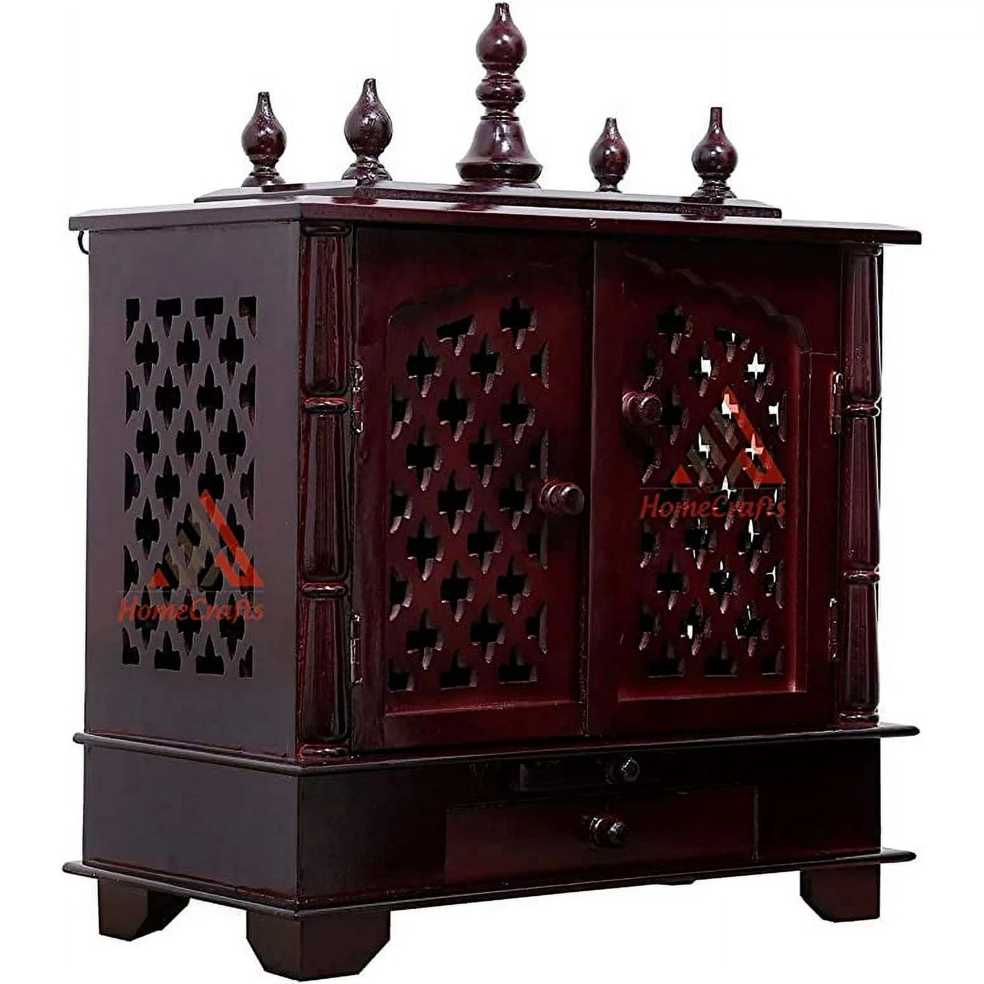 Homecrafts Handpainted Wooden Home Temple/ Mandir/ God Stand/ Pooja Stand/ Home Mandap/ Mandapam with Doors and Medium Size (Color-DRM0) (in Side Partition Shelf) Medium Size- 20x11x24 Inch