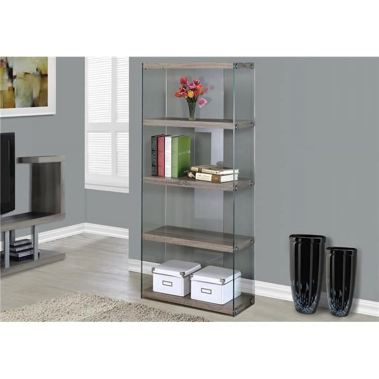 HomeRoots 333006 60 in. Particle Board & Clear Tempered Glass Bookcase