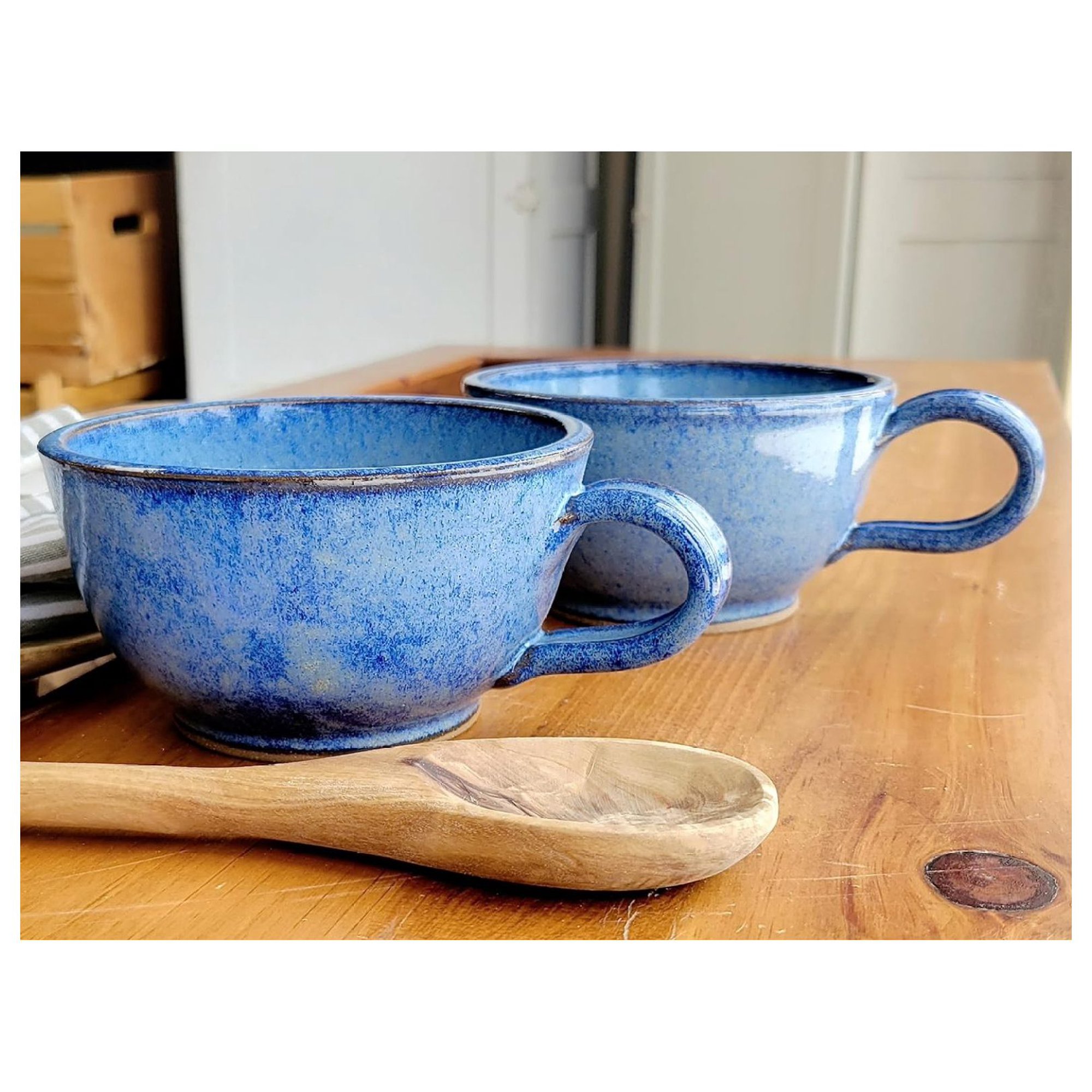 ZHANGHU Farmhouse Soup Bowls with Handles Set of 2 Deep Large - Hanging Kitchen Chowder Mugs - Handmade Pottery Decor (Variegated Blue)