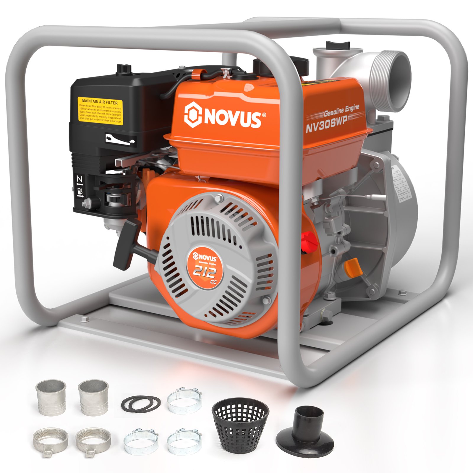 NOVUS Semi Trash Pump 3 inch, Gas Powered Water Pump for Pond Pool Draining Gardening Irrigation 238 GPM 100ft Lift 23ft Suction, EPA Certified