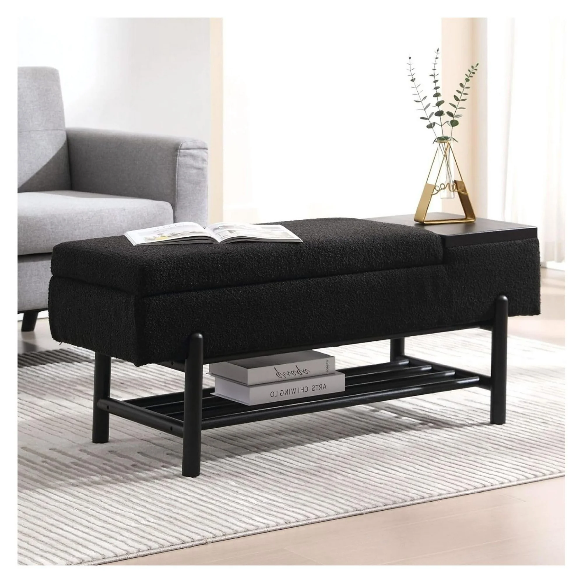 ZHANGHU Black Bench for Bedroom End of Bed Upholstered Storage Ottoman Bench Modern Storage Bench with Cushion Seating for Living Room Entryway, Lambswool&Wood Legs