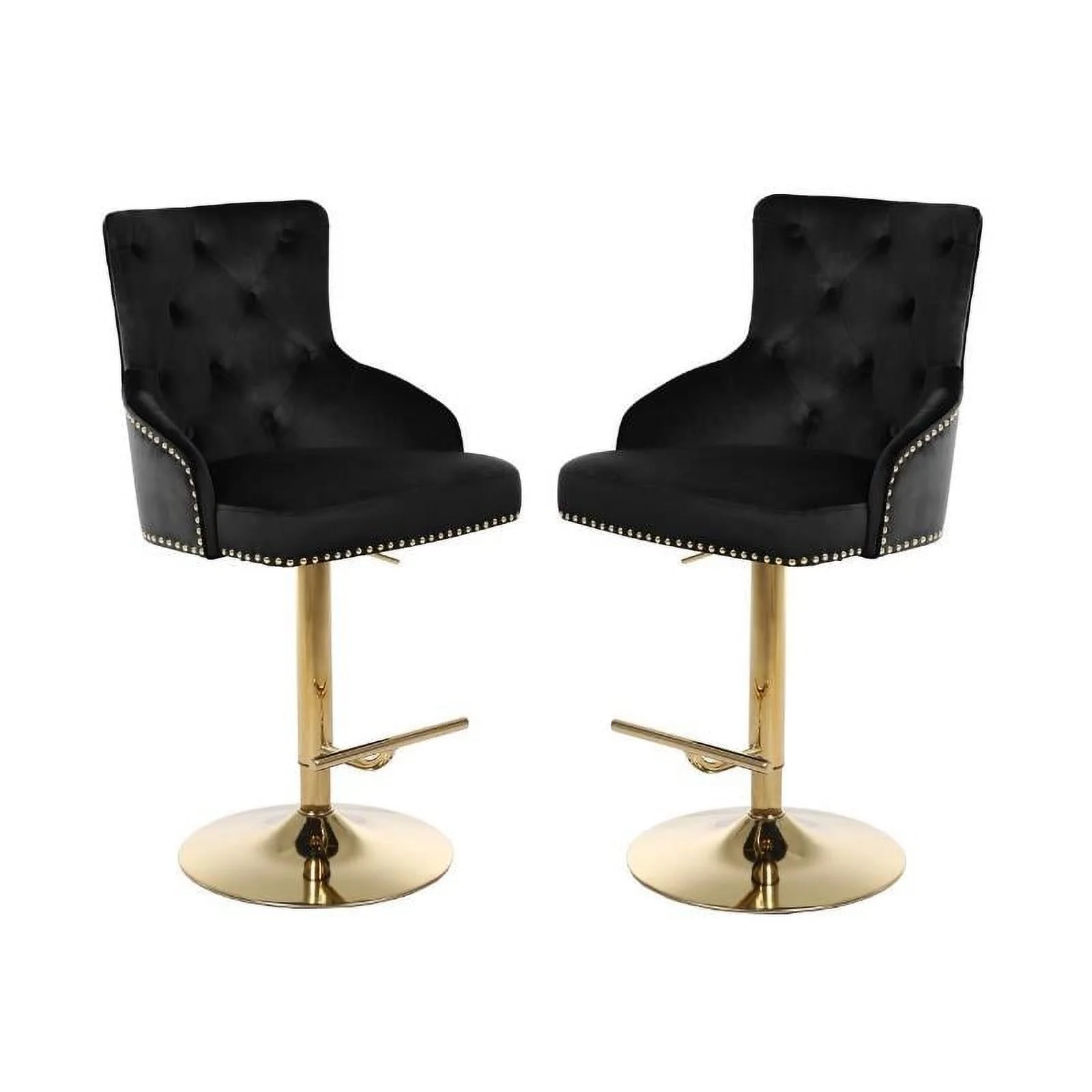 Home Square 2 Piece Swivel Velvet Adjustable Bar Stool Set in Black and Gold