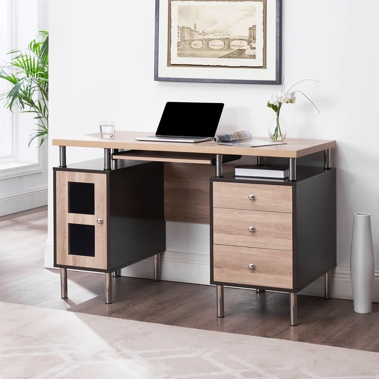 Elsy 3-Drawer File Cabinet Two-Tone Desk with Keyboard Tray, Power Outlets, USB Ports Charging Station, Metal Legs - 47.2