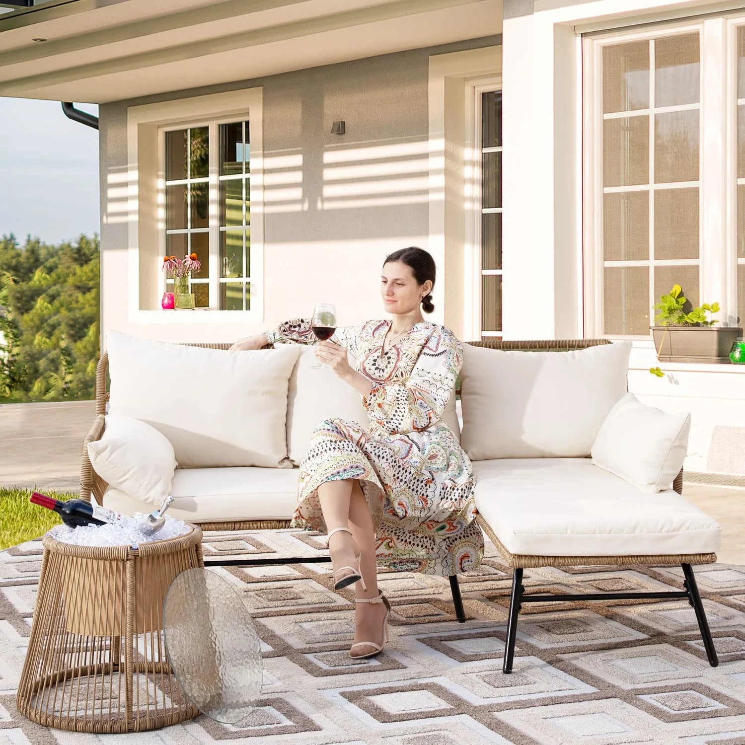 NICESOUL 3 Pcs Boho Outdoor Furniture Set with Ice Bucket Wicker Patio Sectional Lounge Sofa, Cream