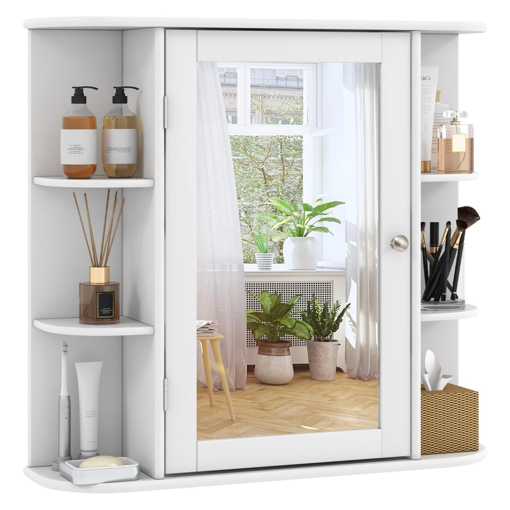 ZHANGHU Bathroom Medicine Cabinet w/Mirror, Bathroom Cabinet Wall Mount w/ 3 Adjustable Shelves, 6 Open Shelves & Mirror Door, Medicine Cabinet, Bathroom Wall Cabinet for Toilet & Laundry Room