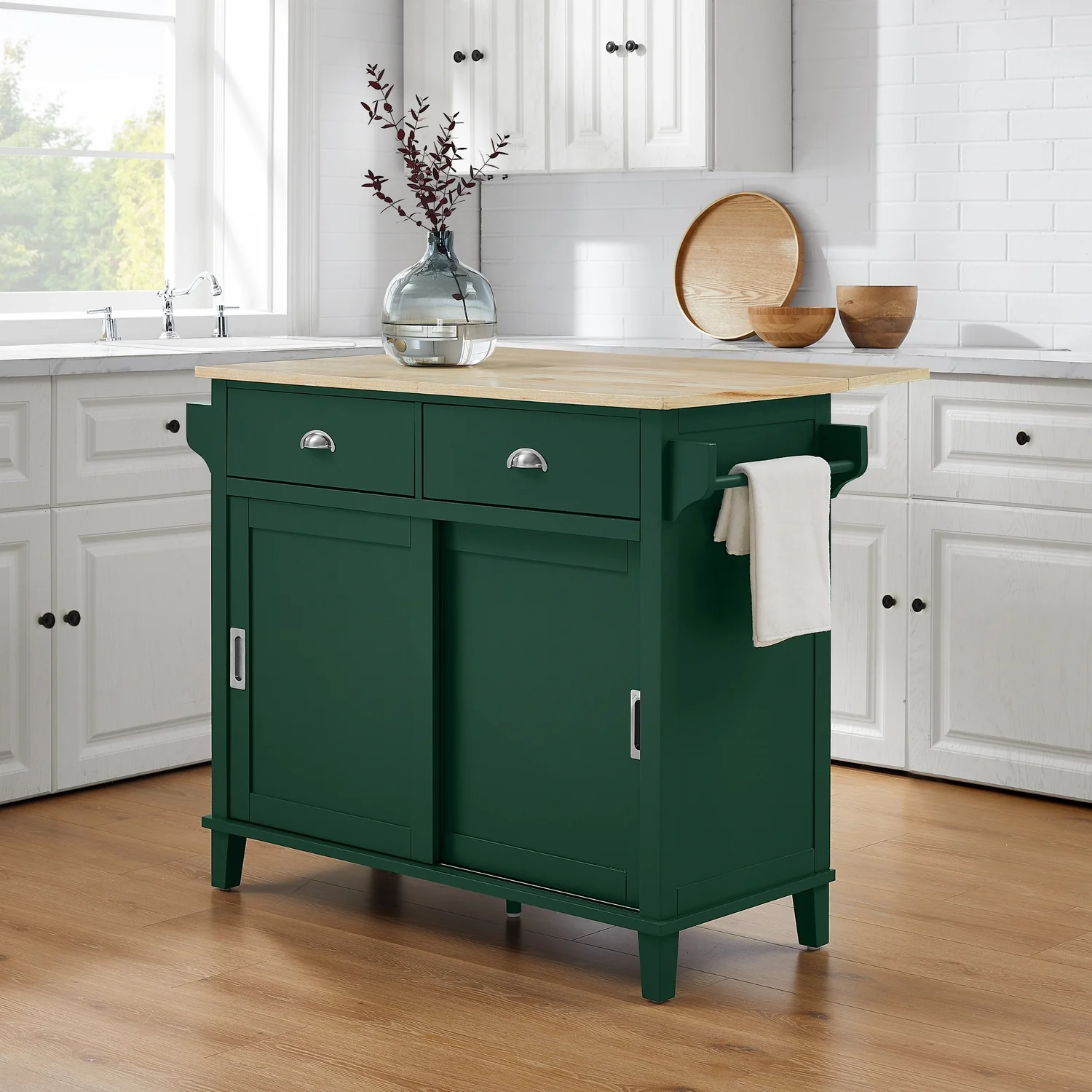 HomeStock Antique Appeal Drop Leaf Kitchen Island Emerald/Natural