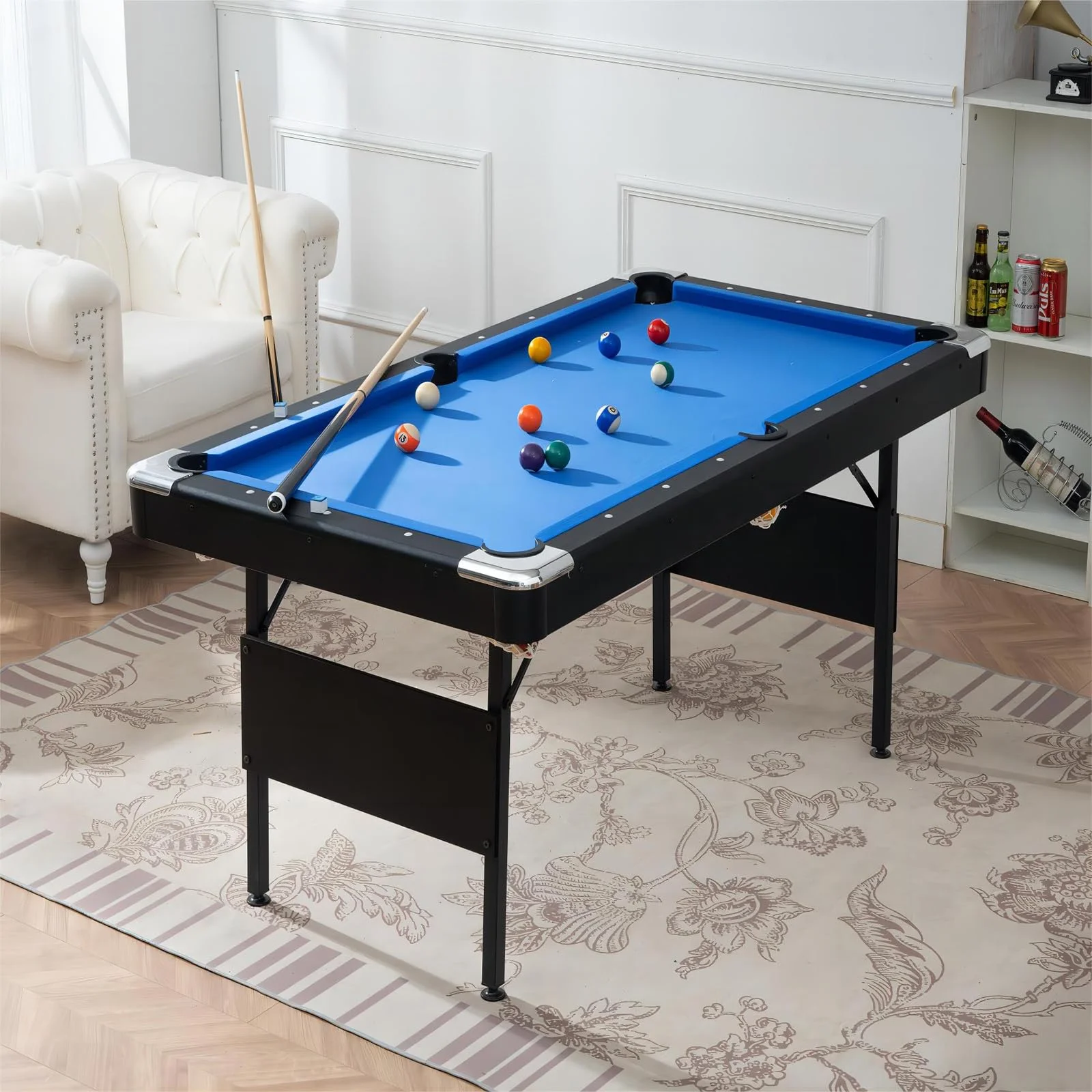 5.5 FT Billiards Table,Portable Pool Table, Includes Full Set of Balls, 2 Cue Sticks, Chalk, and Felt Brush,Folding Pool Table ,Simple Assembly Needed,Family Movement