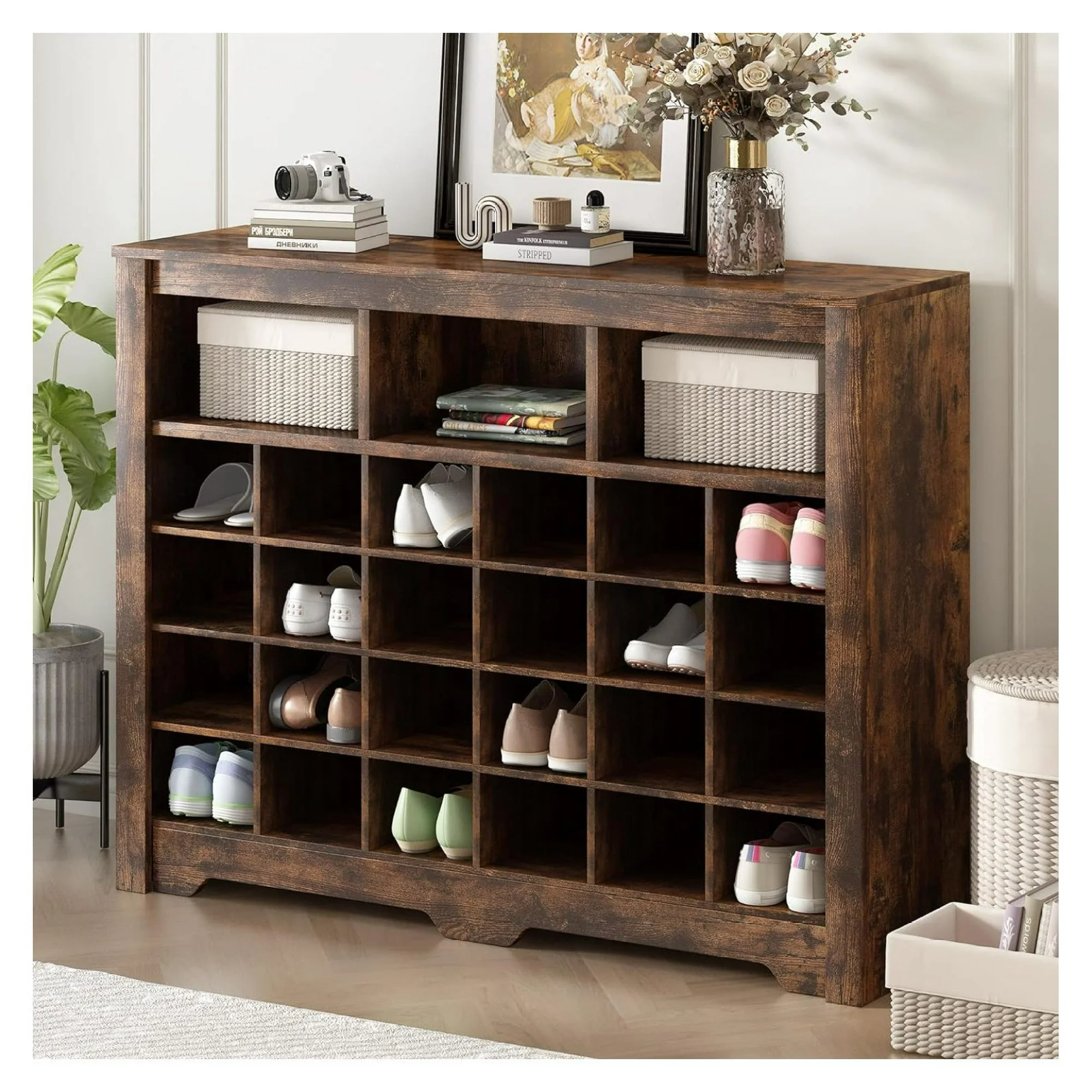 ZHANGHU 24 Shoe Cubby Console,Modern Shoe Cabinet Storage with Curved Base,Versatile Sideboard Shoe Organizer for Hallway,Bedroom,Living Room,Rustic Brown