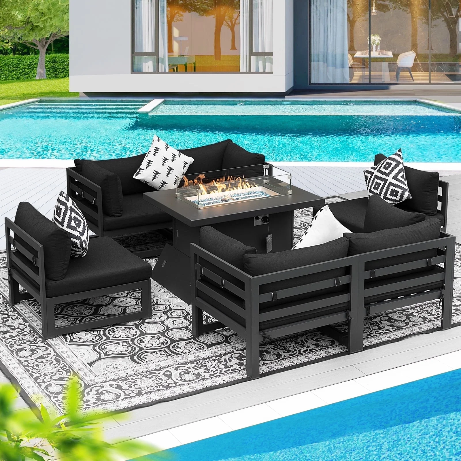 NICESOUL 7 Pieces Aluminum Outdoor Patio Sectional Furniture Sofa Set with Fire Pit Table Large Size Luxury Comfortable Durable Water/UV-Resistant for Garden Porch Backyard Party (Black Cushion)