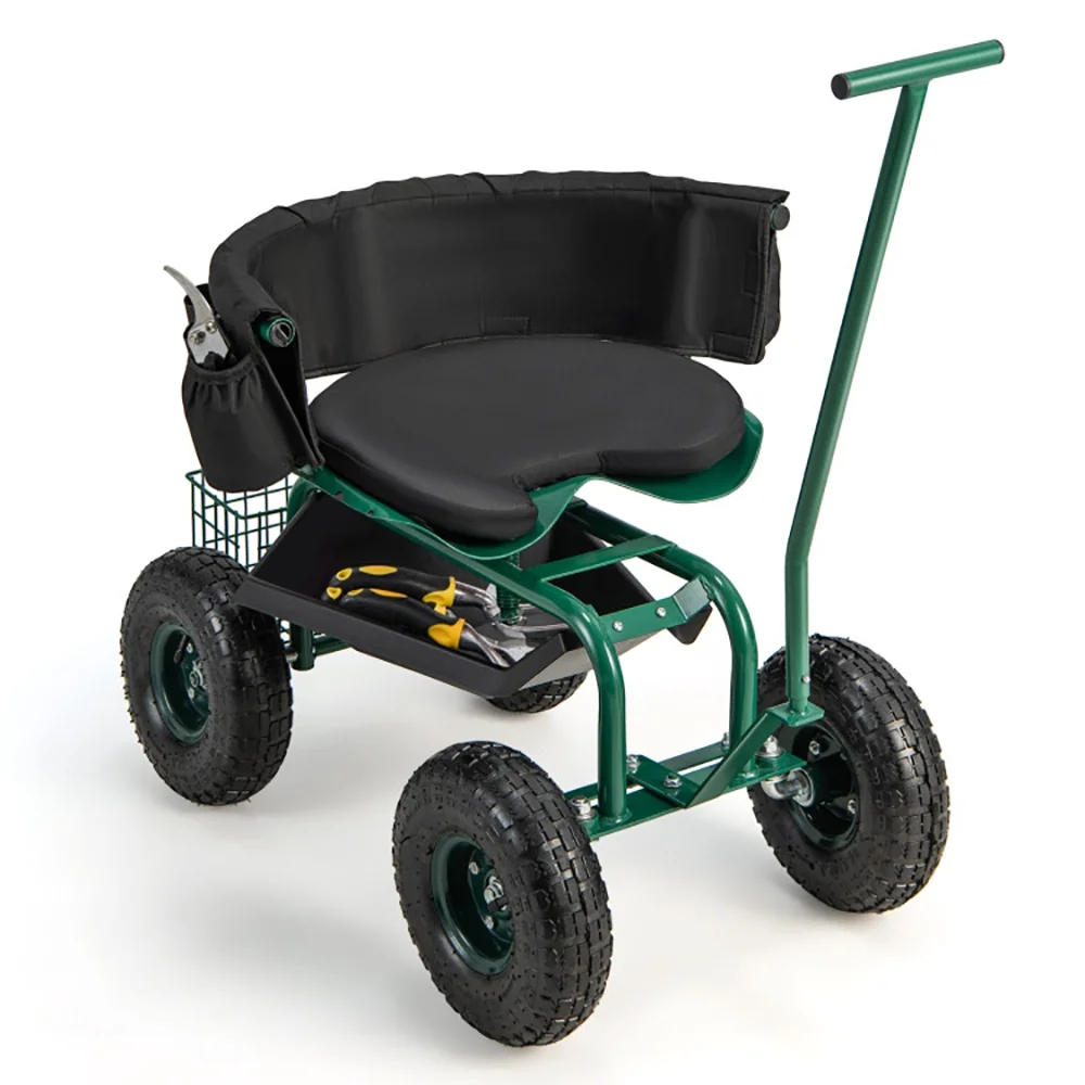 Topcobe Rolling Garden Cart with Height Adjustable Swivel Seat and Storage Basket, Gardening Cart with Seat, Green