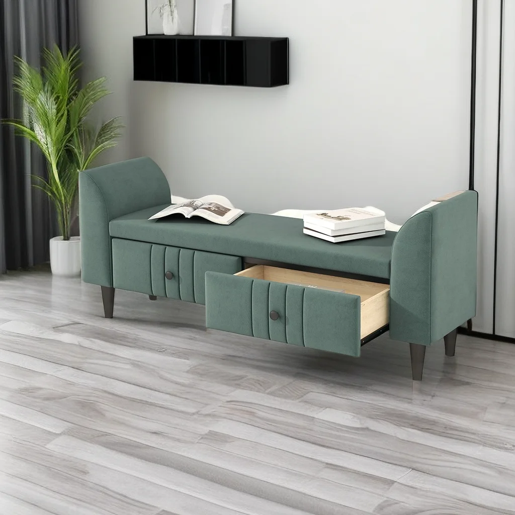Upholstered Wooden Storage Ottoman Bench with 2 Drawers for Bedroom,Fully Assembled Except Legs and Handles for Bedroom