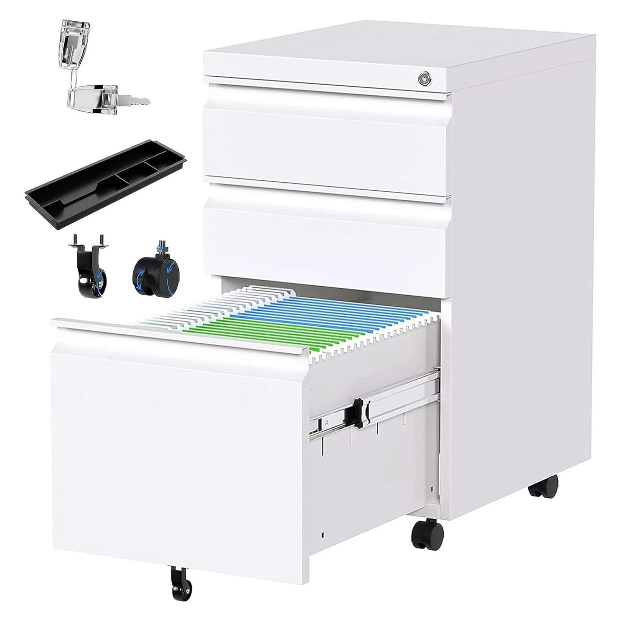 ZHANGHU 3 Drawer File Cabinet with Lock,Metal Filing Cabinet with Wheels for Home Office & Business Enterprise, Legal/Letter Size, No Assembled Required, White