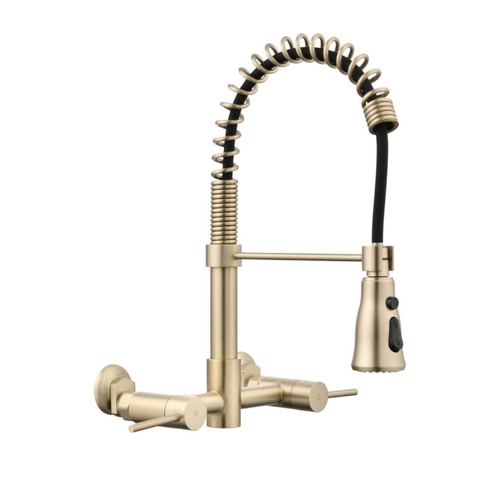 UPIKER Double-Handle Wall Mounted Bridge Kitchen Faucet with Pull-Down Sprayer Head in Brushed Gold