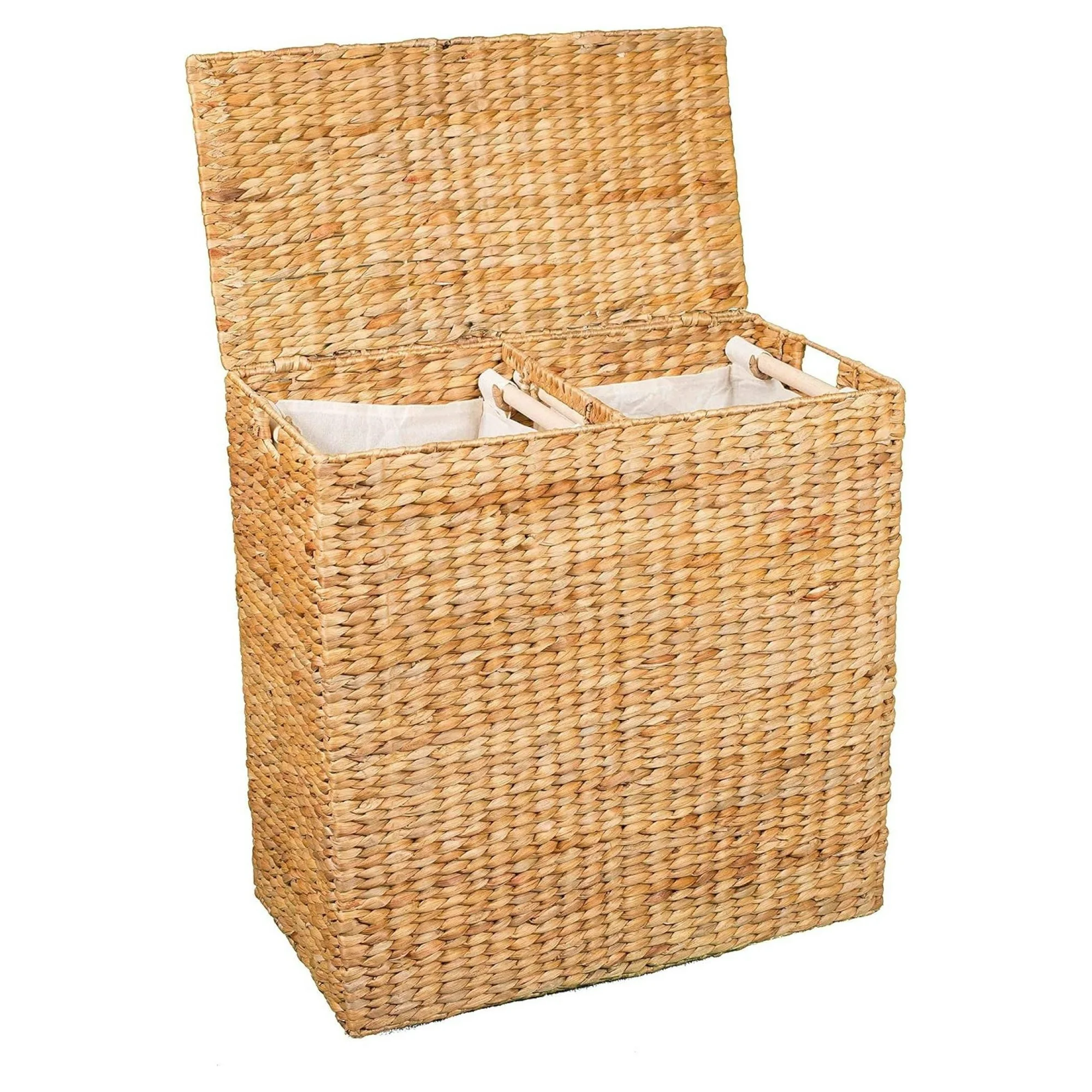 ZHANGHU Handwoven Double Laundry Hamper | Removable liner bags | Natural laundry basket with lid