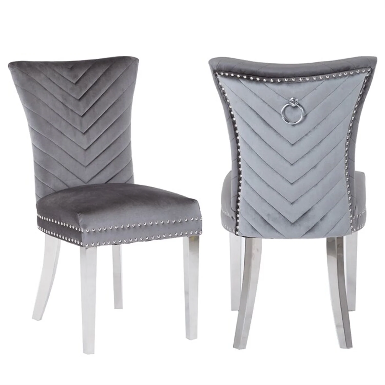 Velvet Upholstered Dining Chairs Set of 2, Modern Tufted Upholstered Dining Chair with Metal Legs and Ring Pull and Nailhead Trim Parsons Dining Chair Accent Chairs for Living Room Kitchen, Dark Gray