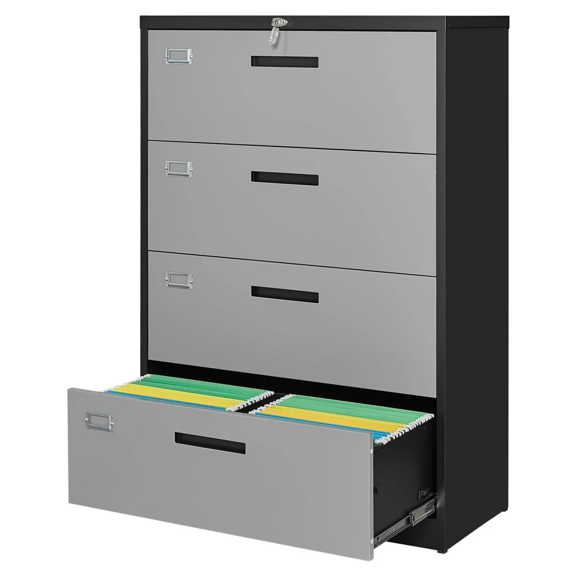 ZHANGHU 4 Drawer File Cabinet, Lateral Filing Cabinets for Home Office, Office Storage Drawers with Lock, Hanging Files Legal/Letter A4 Size (Assemble Required,Black Grey)