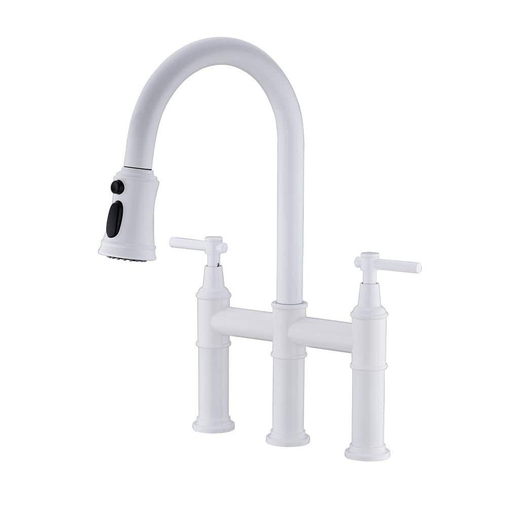 UPIKER Double Handle 360Swivel Spout Bridge Kitchen Faucet with Pull-Down Spray Head and 3-Modes in White