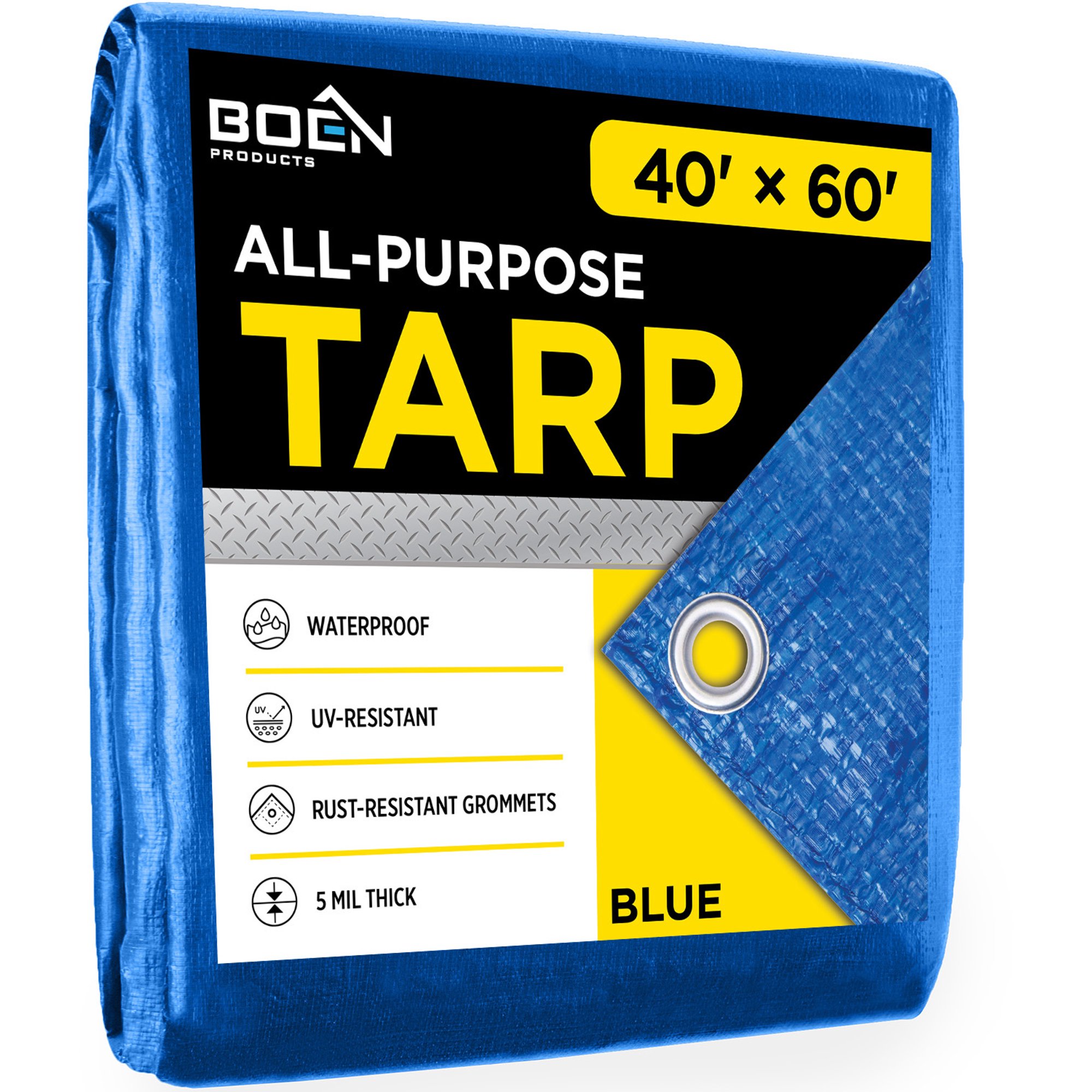 Multi-Purpose 40' x 60' Blue Poly Tarp Cover Heavy Duty 5 Mil Thick Weave Material, Waterproof, Great for Tarpaulin Canopy Tent, Boat, RV or Pool Cover and More (Finished Size 38.6