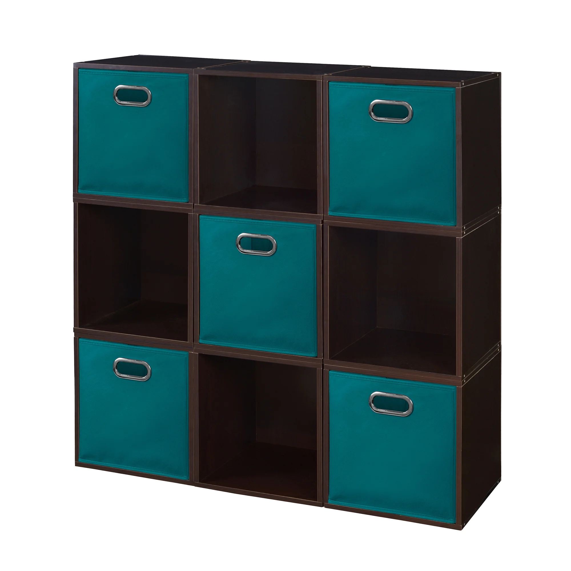 Niche Cubo Storage Organizer Open Bookshelf Set- 9 Cubes 5 Canvas Bins- Truffle/Teal
