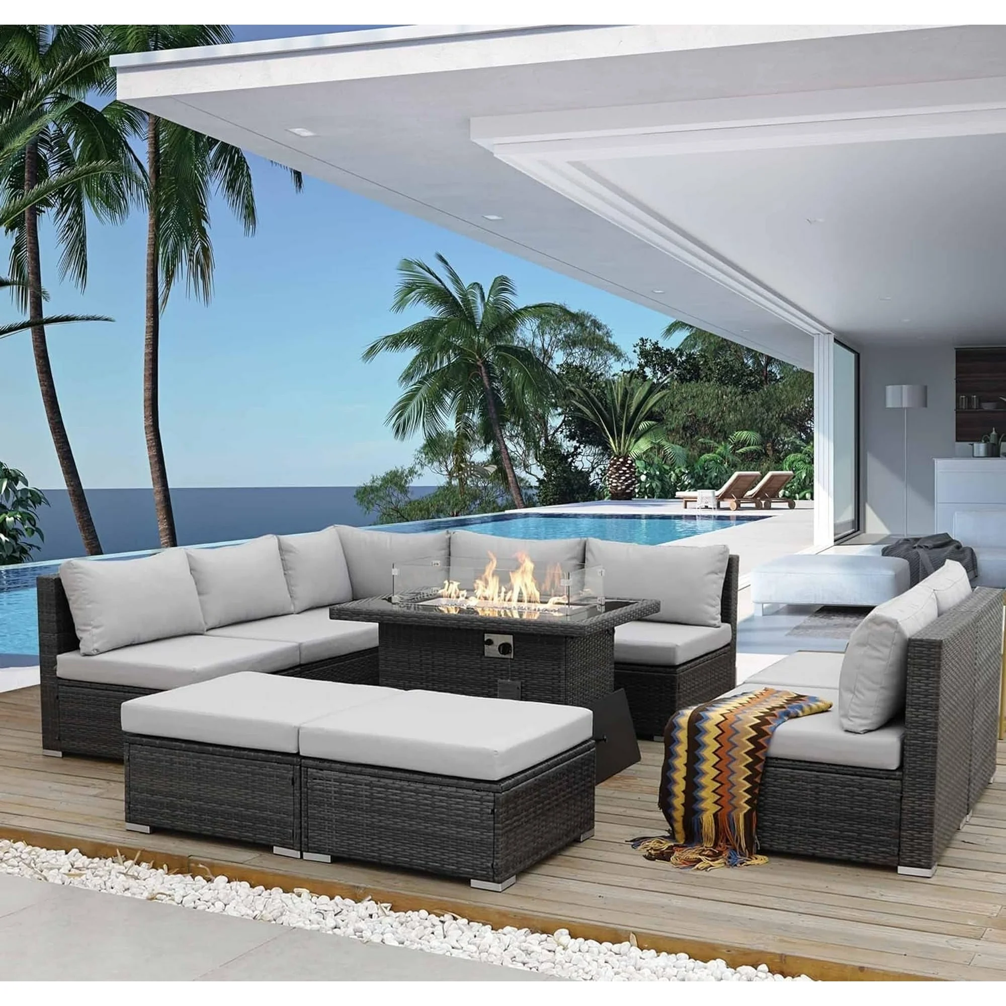 NICESOUL 10 Pcs Outdoor Wicker Furniture with Fire Pit Table, Light Gray