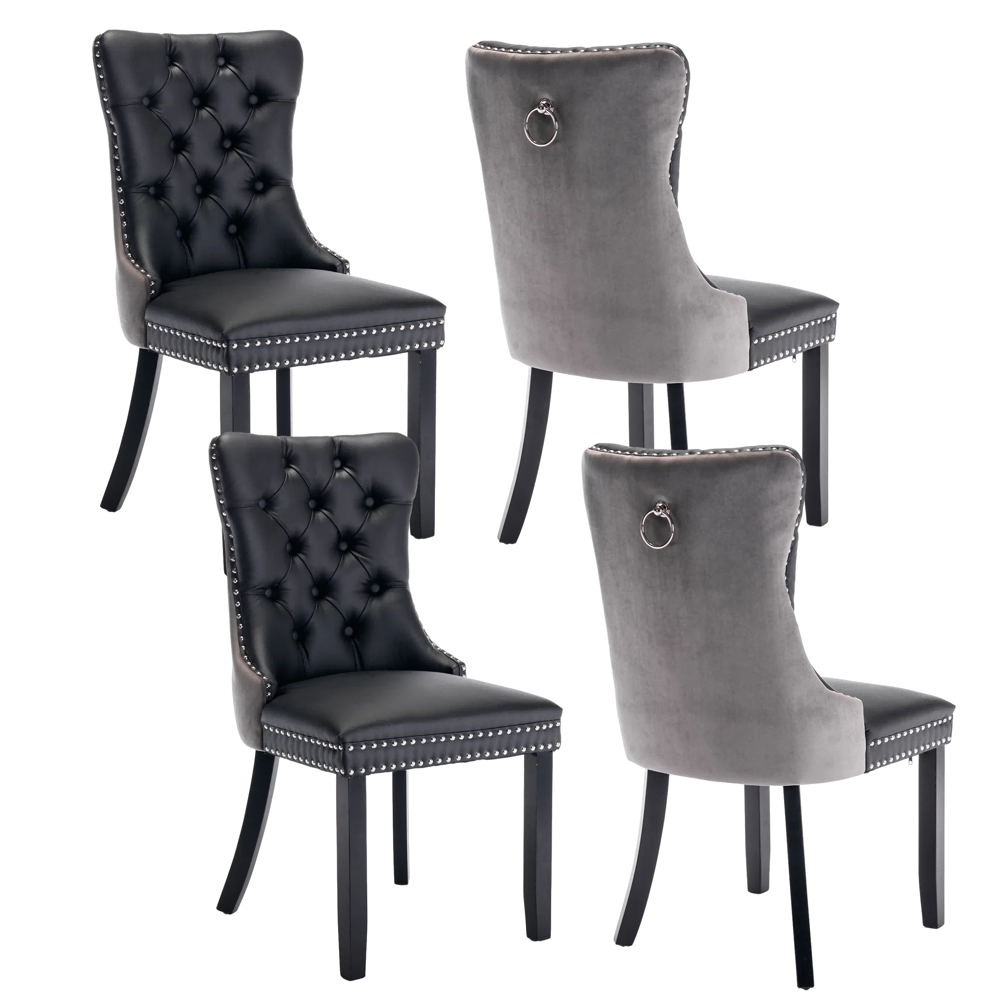 Velvet + PU Dining Chairs,Kitchen & Dining Room Chairs,Tufted Chairs, Solid Wood Frame,Faux Leather Armless Dining Chairs with Solid Wood Legs for Kitchen/Restaurant(Black+Gray,Set of 4)