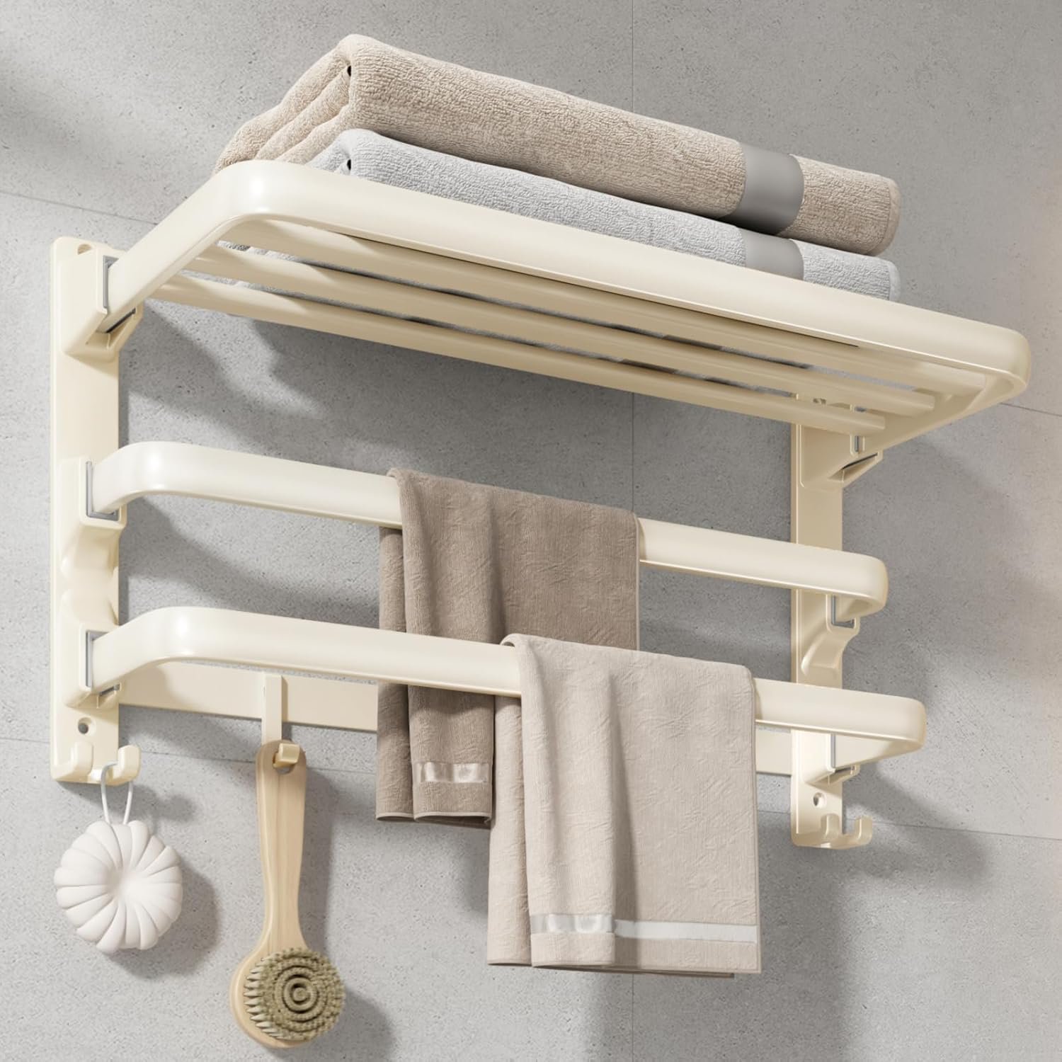 Towel Racks For Bathroom, 24-Inch Towel Shelf With 2 Towel Bar Foldable Towel Holder With 7 Hooks Towel Storage Organizer For Bathroom & Lavatory Wall Mounted(Milky White)
