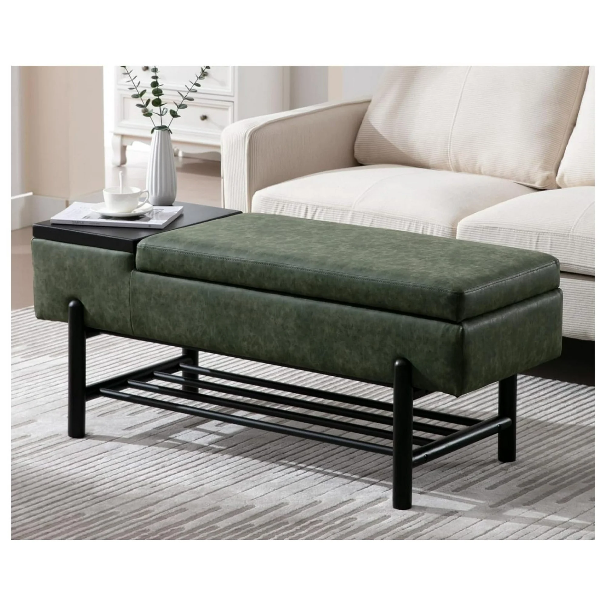 ZHANGHU Entryway Storage Bench for Bedroom Leather End of Bed Green Ottoman Bench with Metal Shoe Storage/Wood Coffee Table for Living Room//Hallway/Under Window, 45 Inches, PU Green