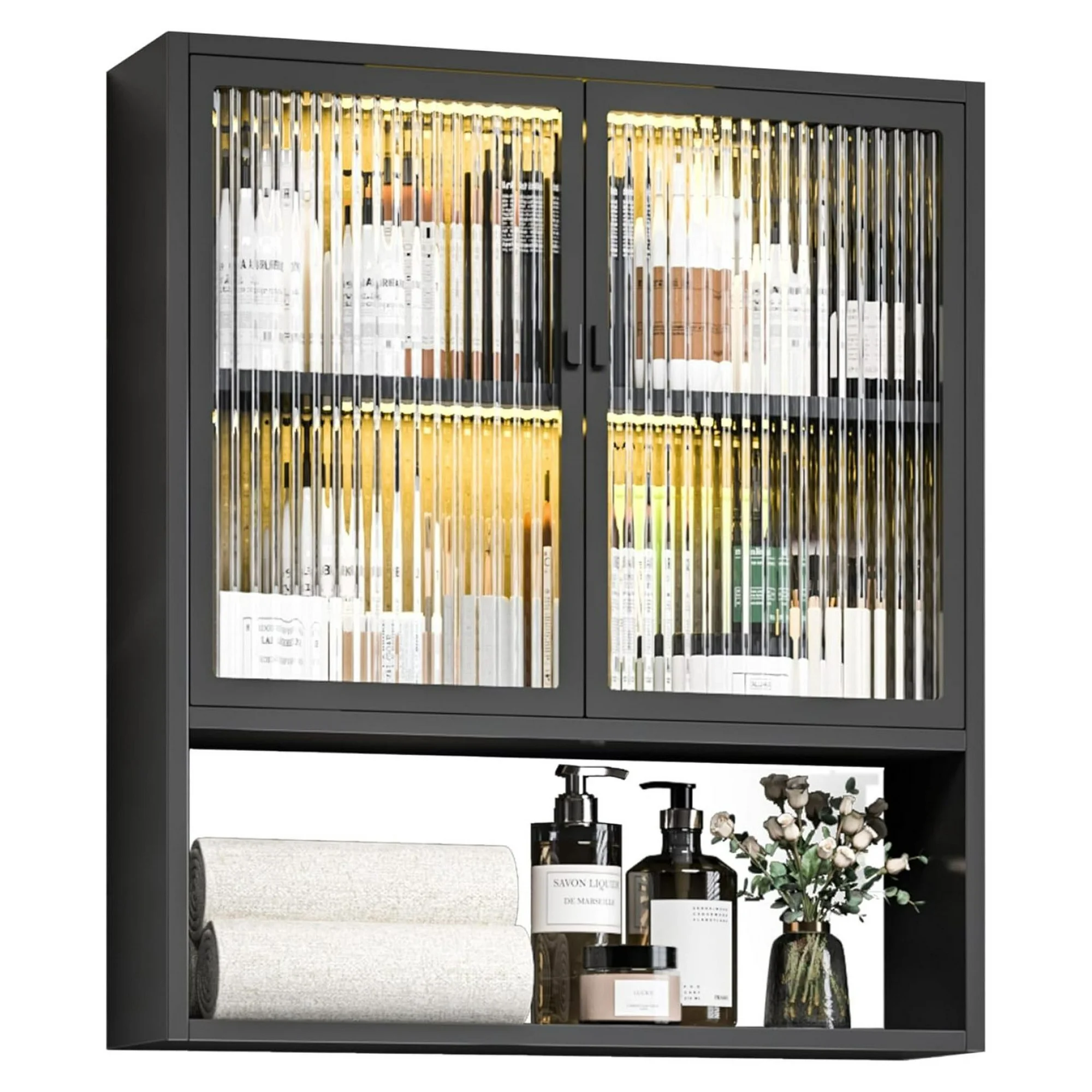 ZHANGHU Bathroom Cabinet Wall Mounted, Metal Bathroom Wall Cabinet with Glass Doors and Lights, Black Bathroom Storage Cabinet, Over The Toilet Cabinet, Bathroom Medicine Cabinets