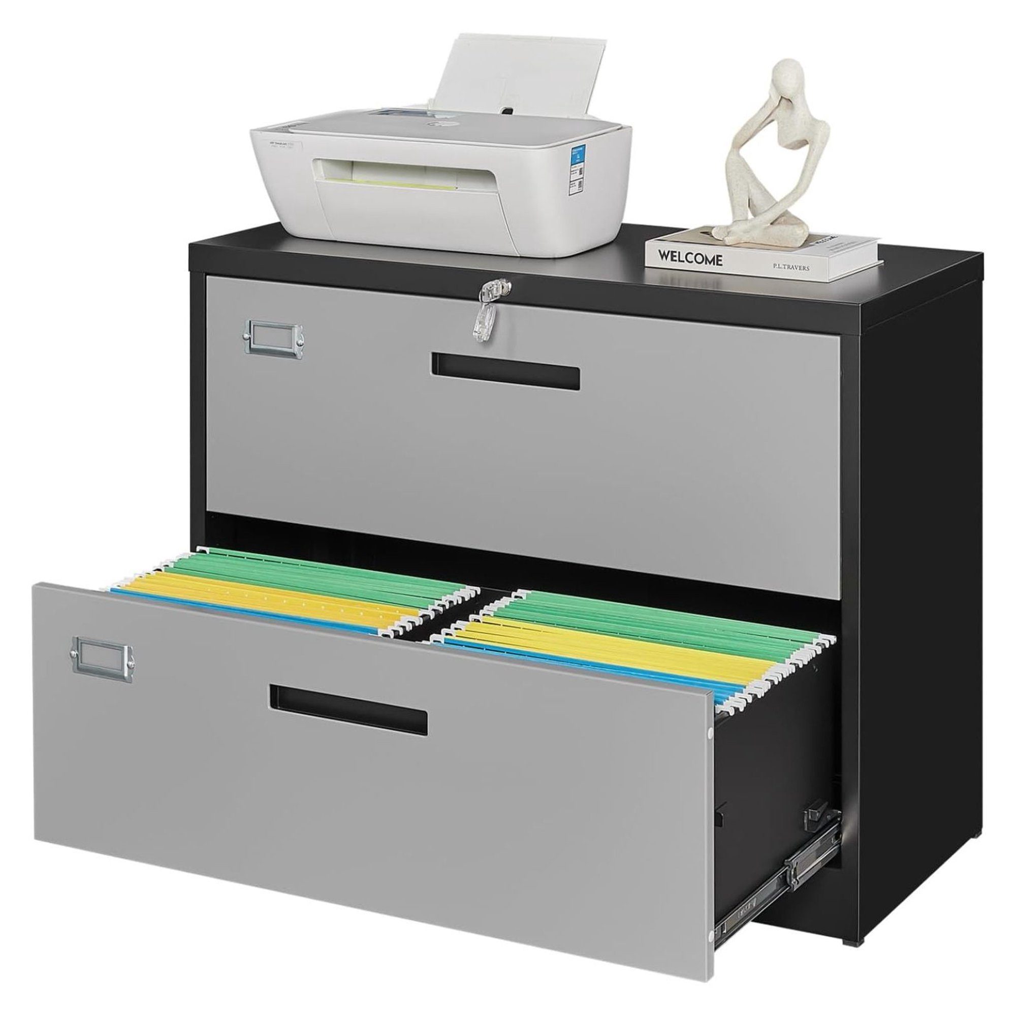 ZHANGHU 2 Drawer File Cabinet, Lateral Filing Cabinets for Home Office, Office Storage Drawers with Lock, Hanging Files Legal/Letter A4 Size (Assemble Required,Black Grey)