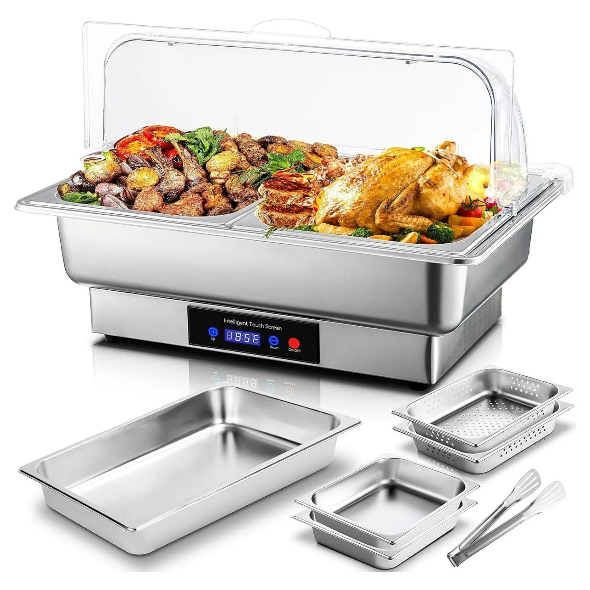 ZHANGHU Electric Chafing Dish,9 QT Full Size with 4 x 4.5 QT Half Size Chafing Dish Buffet Set, Buffet Servers and Warmers with Roll Top & Temperature Control Display