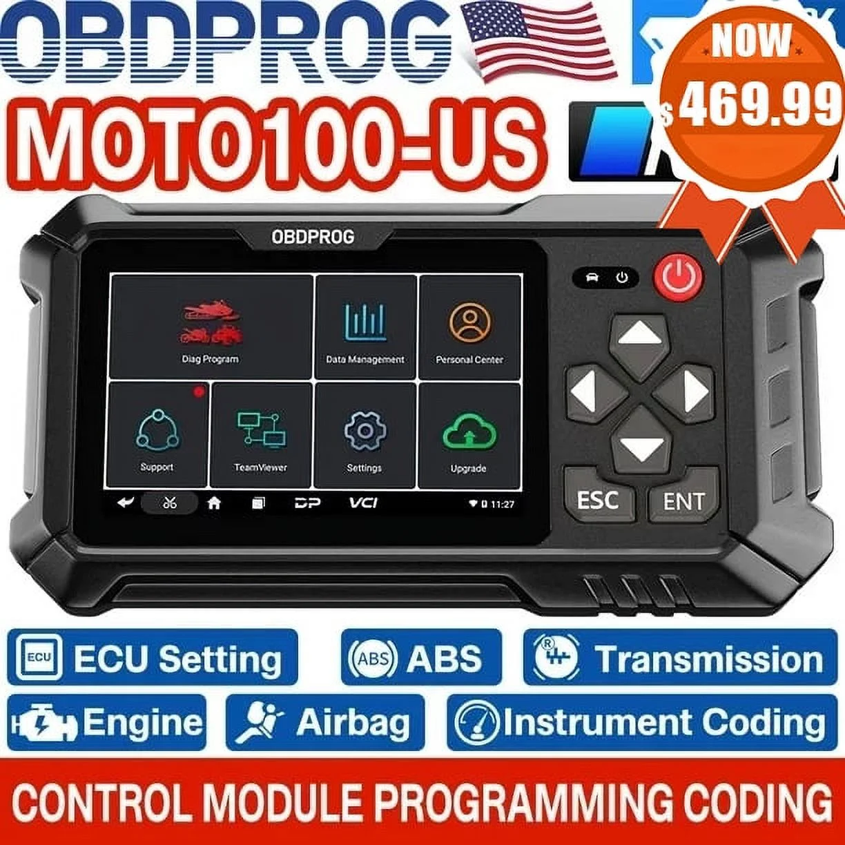 OBDPROG MOTO 100 Motorcycle Scanner Motorbike Diagnostic Tool Check All Systems 30+ Reset Functions OBD2 Scanner for Motorcycle Motor Analyzer Fits for BRP HARLEY HONDA INDIAN POLARIS VICTORY YAMAHA