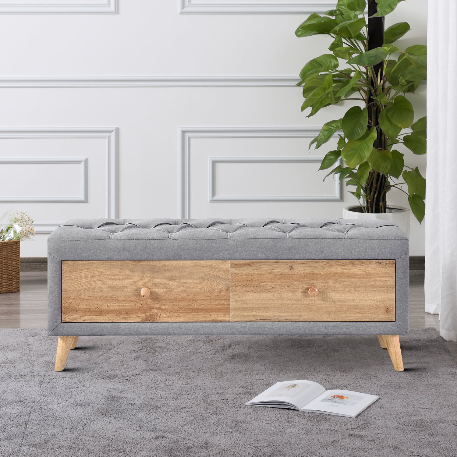Upholstered Wooden Storage Ottoman, Linen Fabrics Storage Bench with 2 Drawers