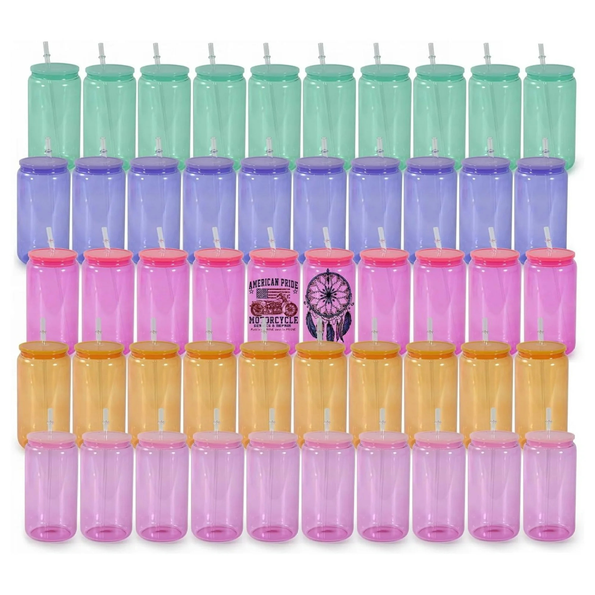 ZHANGHU Colorful Sublimation Glass with Lids and Straws(50 Pack) - 16oz Transparent Colored Sublimation Glass Blanks, Jelly Glass Can for Iced Coffee, Juice, Soda - Multicolor