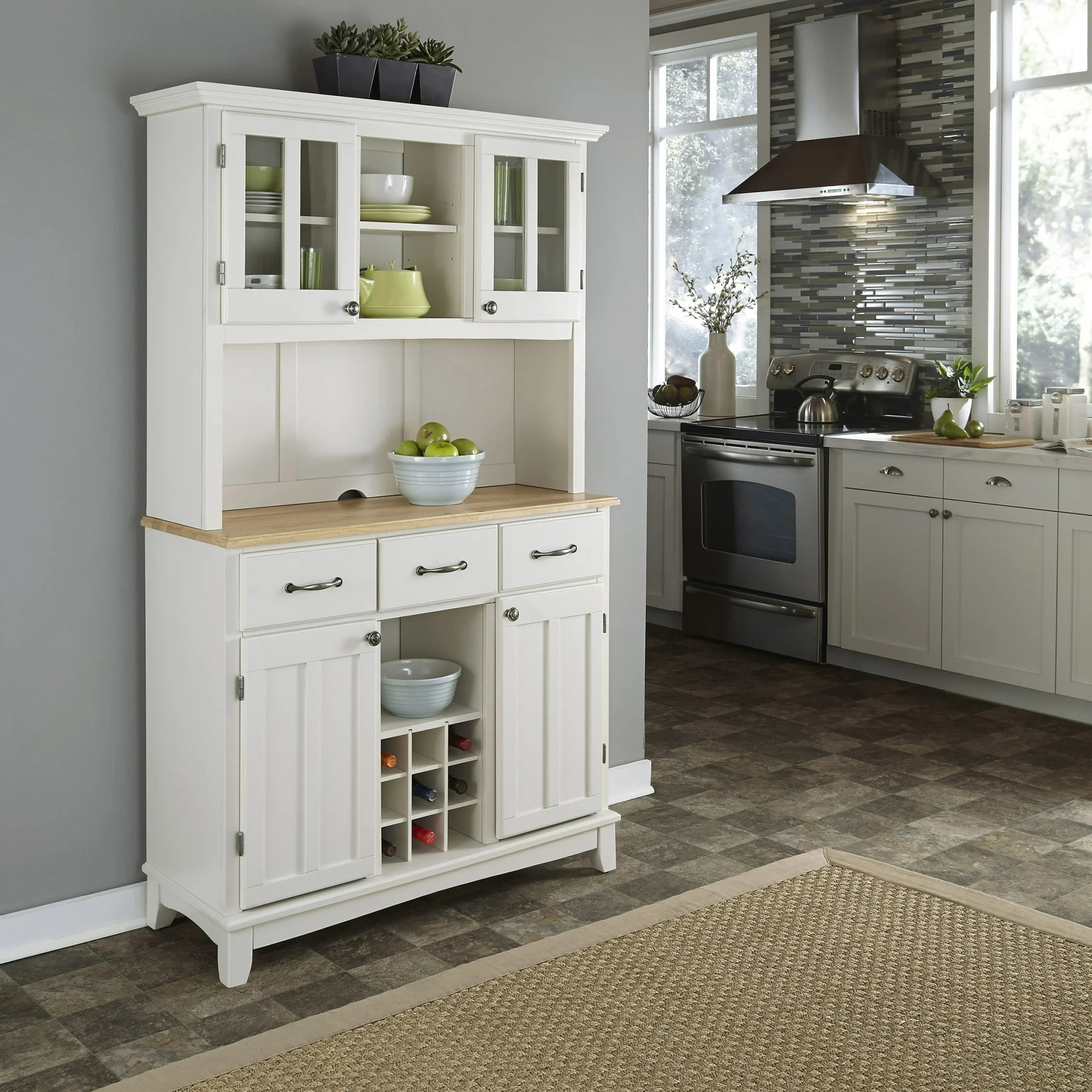 Homestyles Off White Dining Hutch with Natural Wood Top