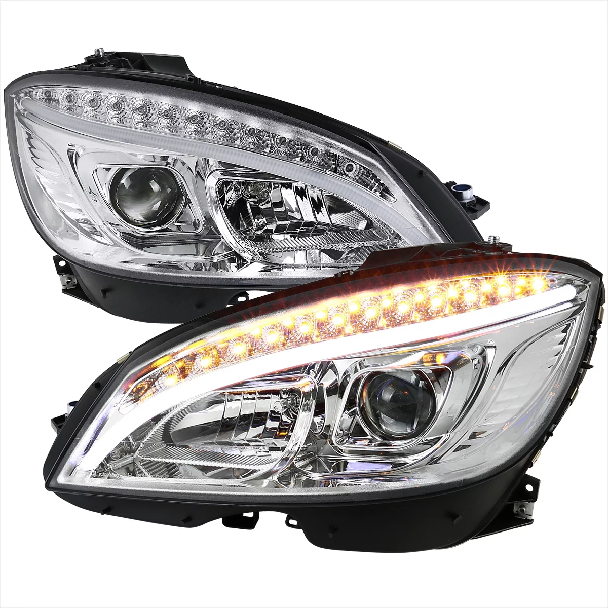 Spec-D Tuning Strip LED Signal Chrome Projector Headlights Compatible with 2008-2011 Mercedes Benz W204 C-Class, Left + Right Pair Headlamps Assembly
