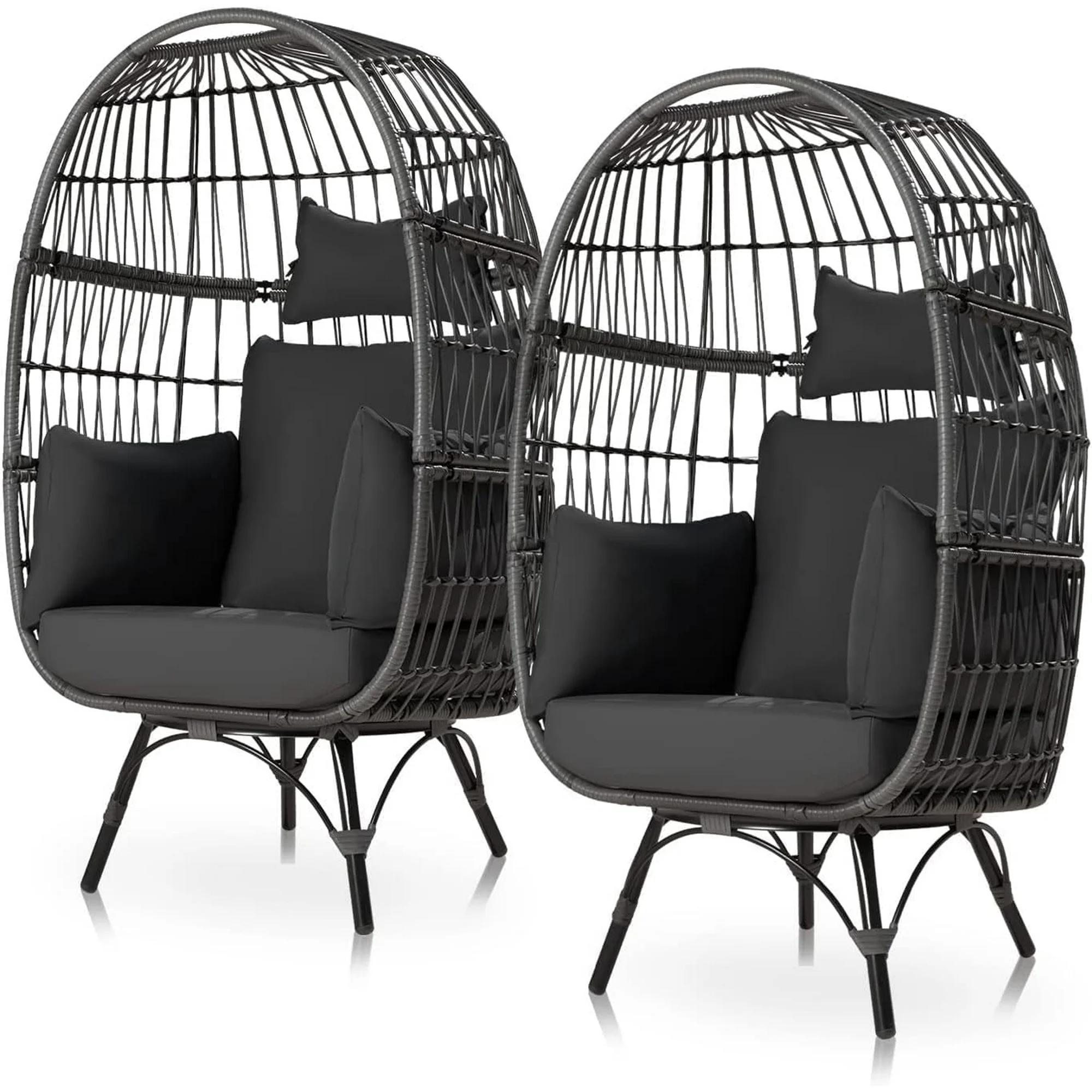 NICESOUL 2 Pieces Gray Outdoor Indoor Stationary Egg Chair Boho PE Wicker Patio Lounge Chair 440lbs