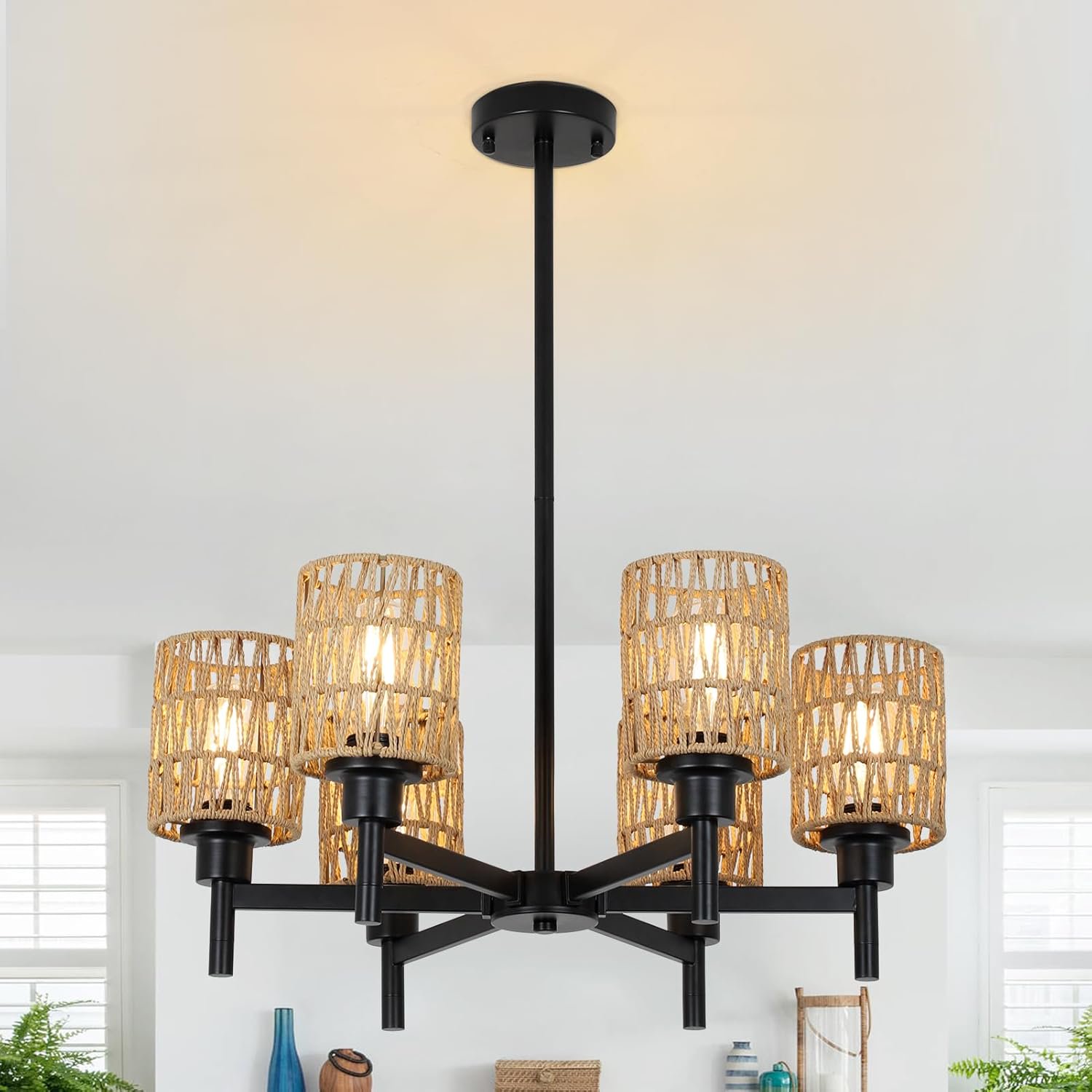 WEIKE Rattan Farmhouse Chandelier for Dining Room, Black Pendant Lights Kitchen Island Lighting, Boho Chandeliers Ceiling Hanging Lamp, Rustic Dining Room Light Fixture for Living Room Bedroom Hall