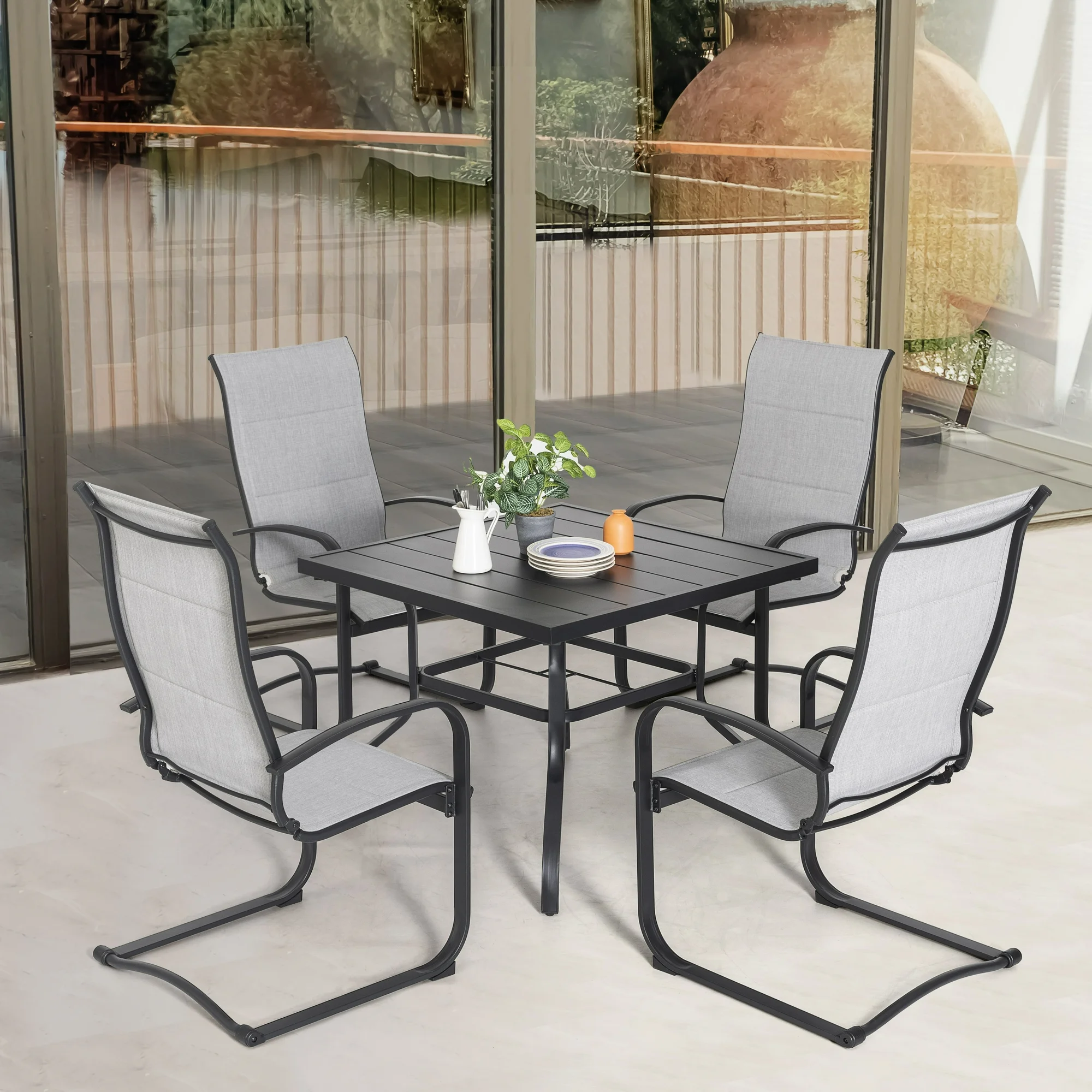 Nuu Garden 5 Piece Outdoor Dining Set, Outdoor Patio Chairs and Square Dining Table with Umbrella Hole, Grey & Black