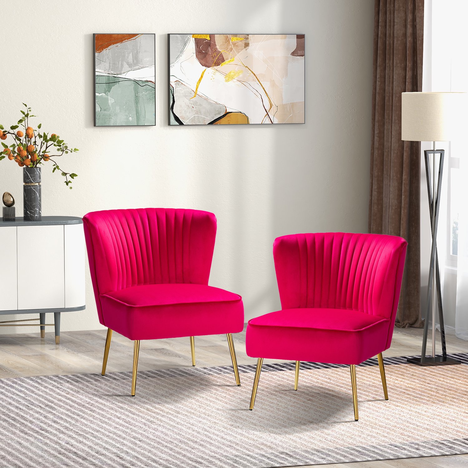 Velvet Accent Chair Set of 2 Upholstered Adult Side Chairs Gold Leg Home Bedroom Fushia