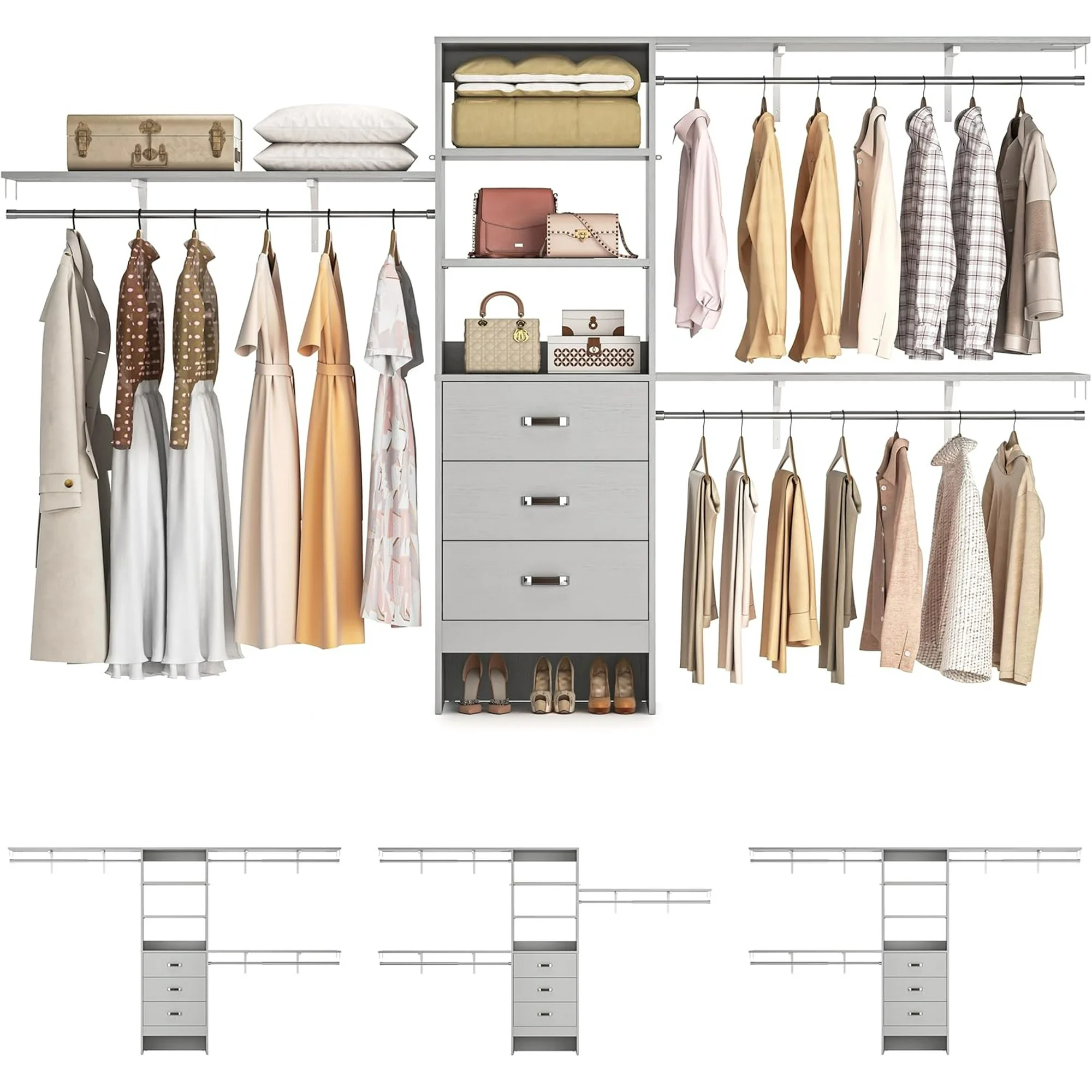 Homieasy 120 Inches Closet System, 10FT Walk In Closet Organizer with 3 Shelving Towers, Heavy Duty Clothes Rack with 3 Drawers, Built-In Garment Rack, Gray